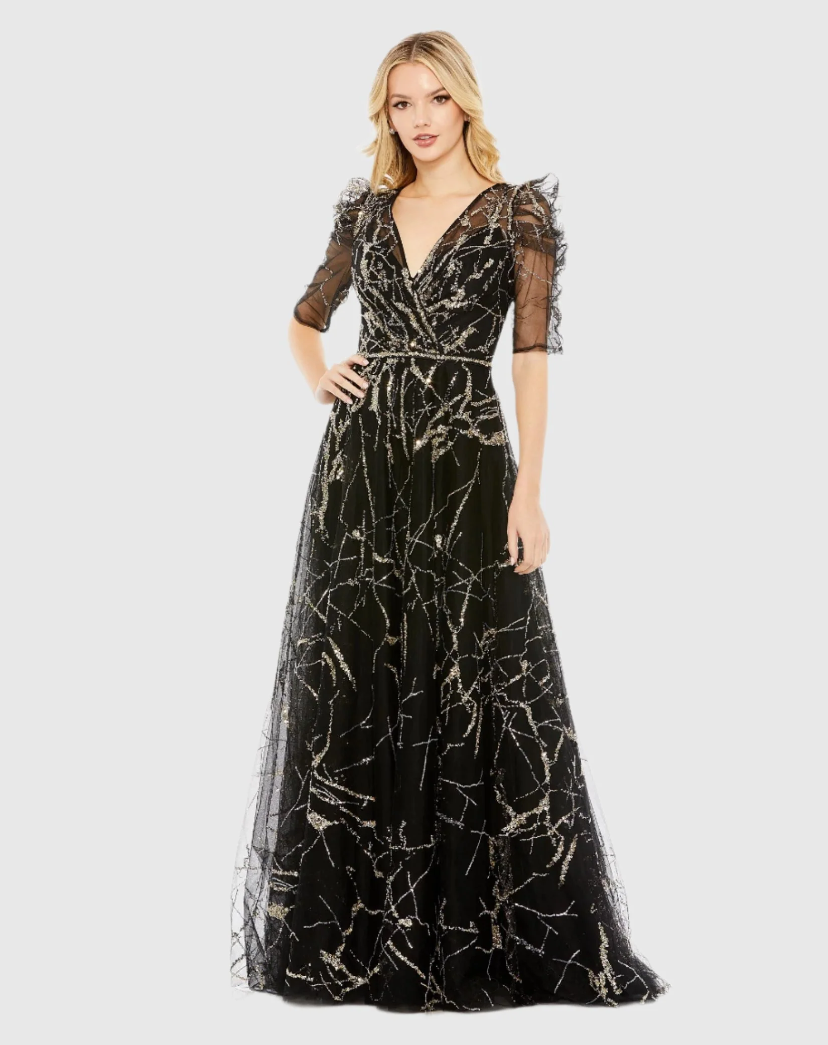 Black Embellished Gathered Puff Sleeve Faux Wrap Gown