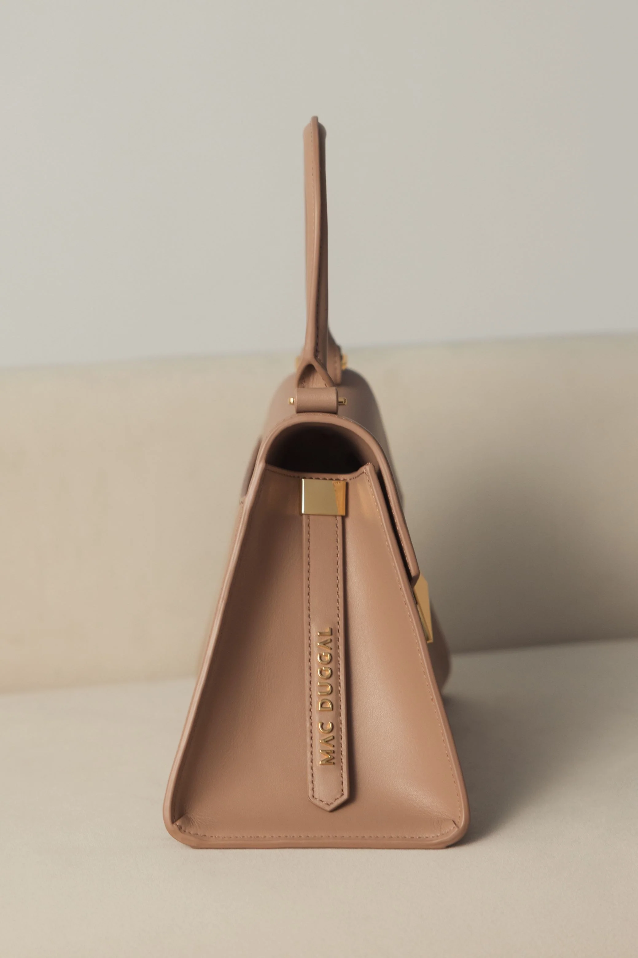 Angular Small Taupe Leather Handbag With Gold Hardware