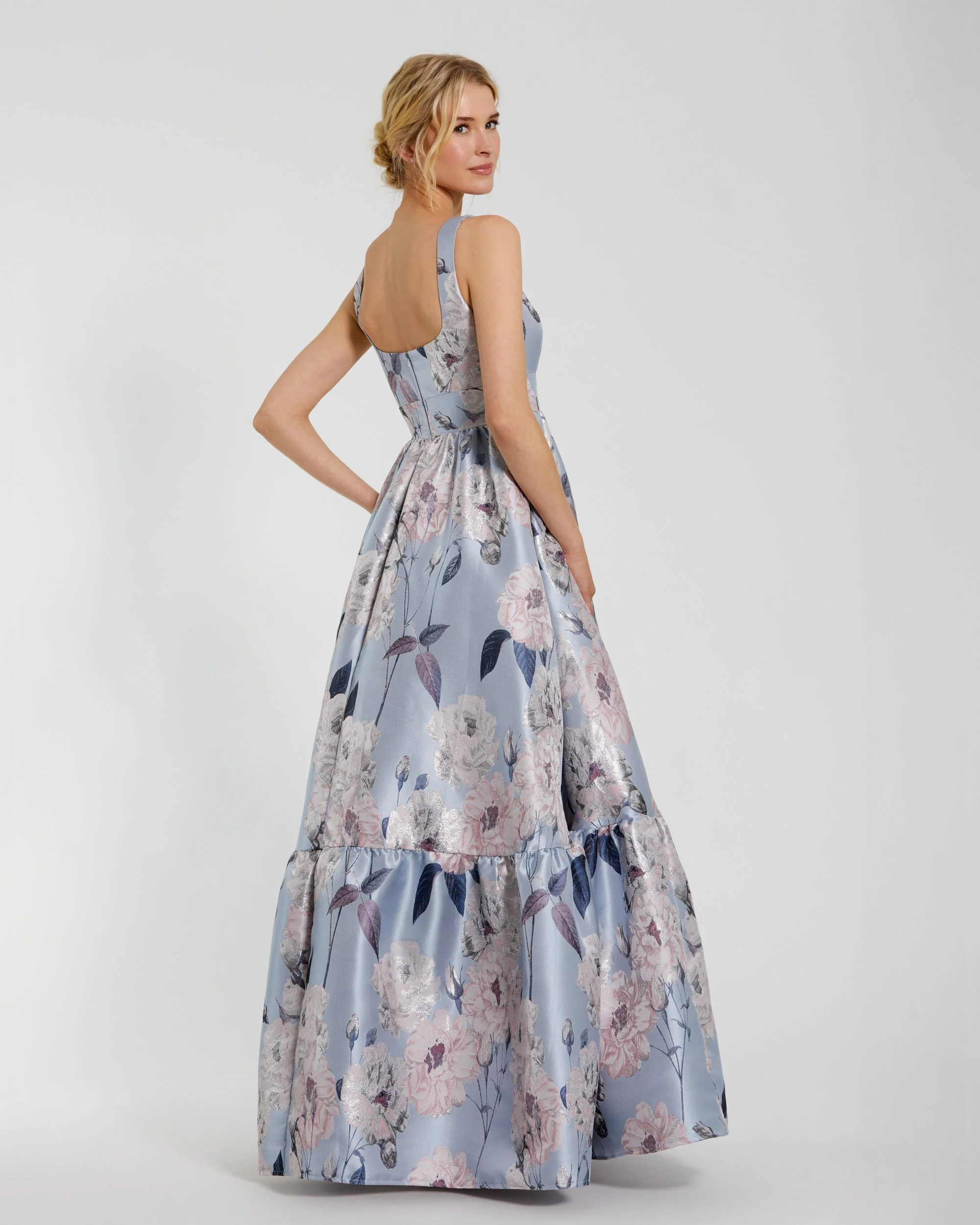 Blue Floral Printed Satin Square Neck Gown