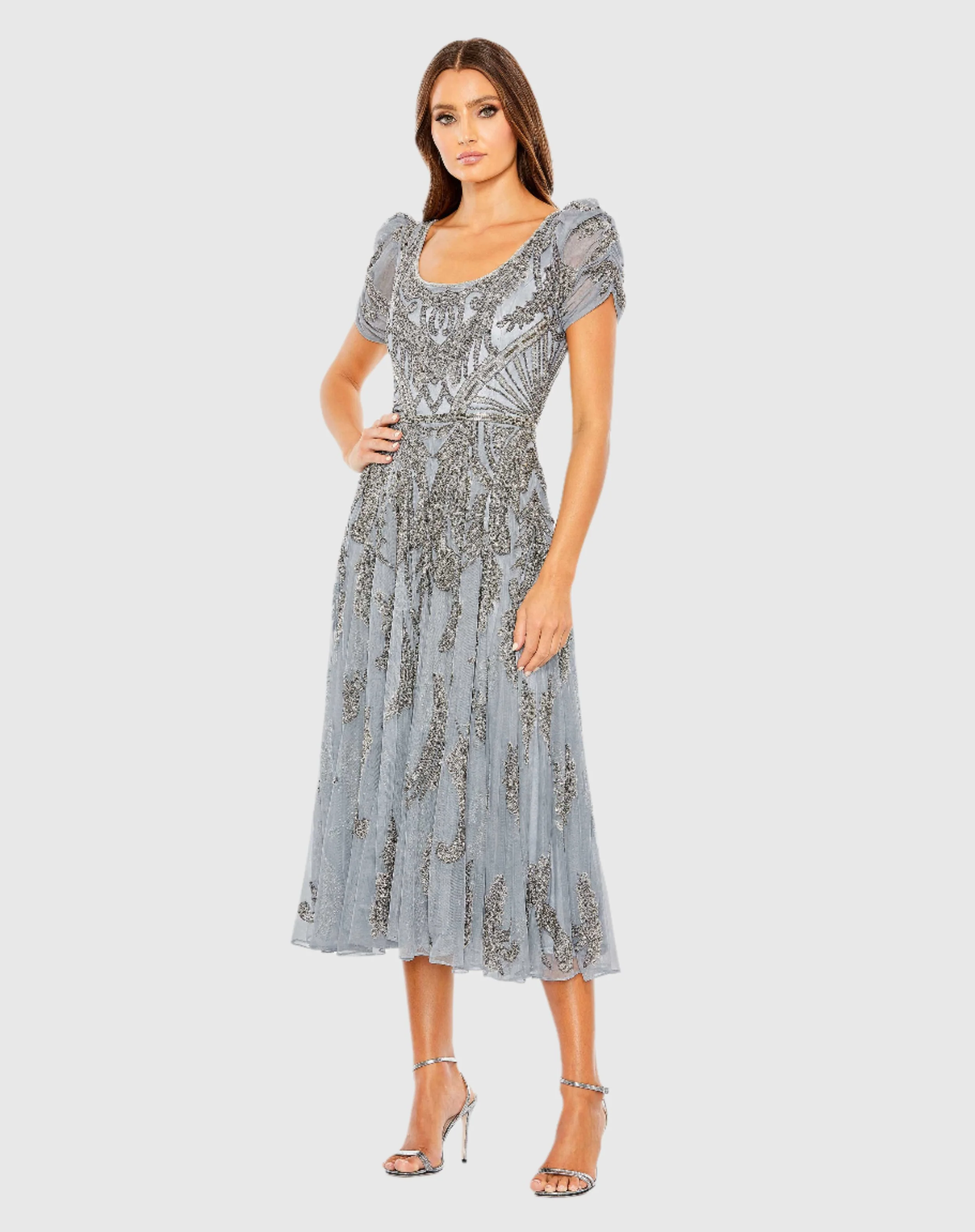 Silver Short Sleeve Beaded A-line Tea Length Dress