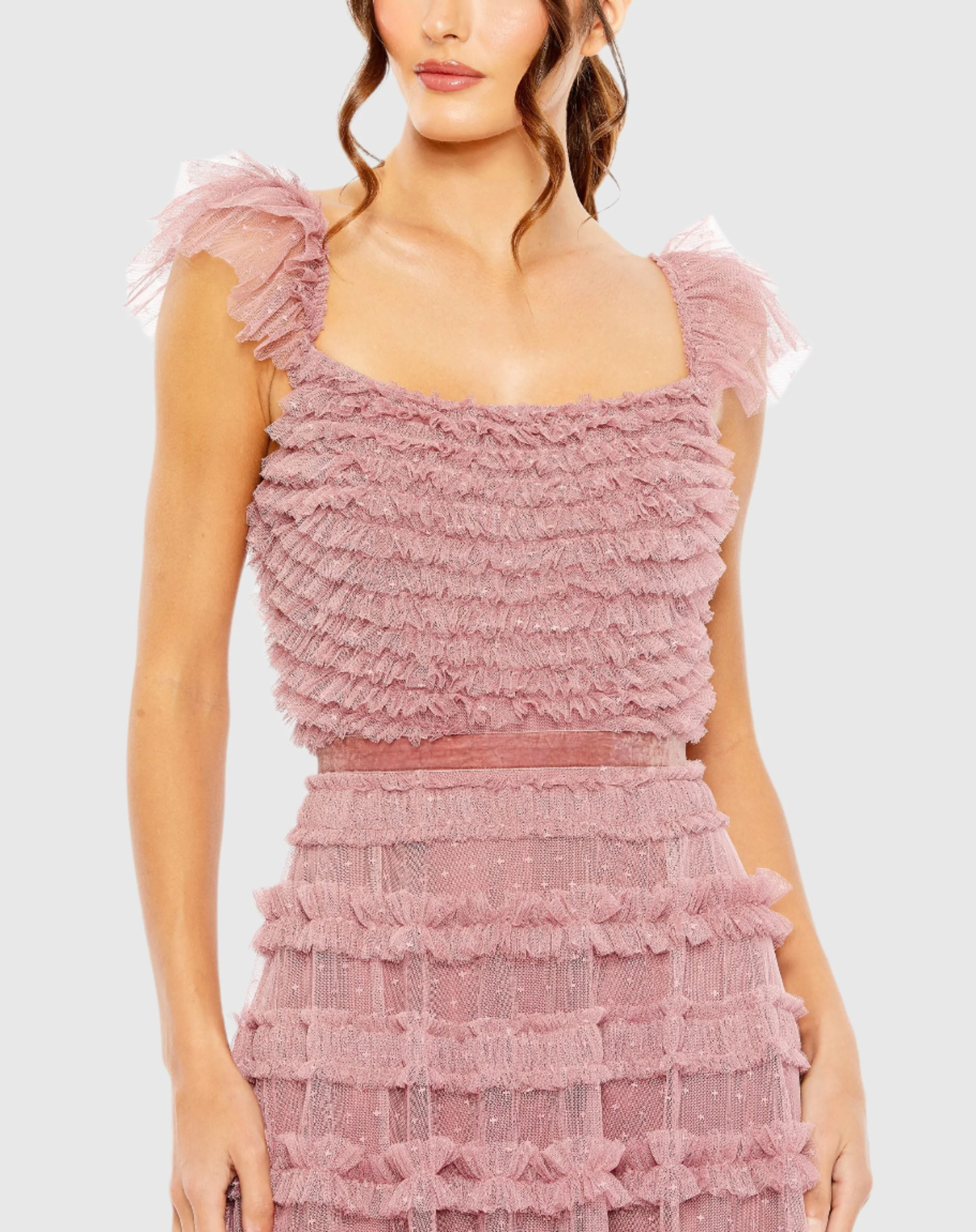 Pink Ruffle Cap Sleeve Tiered Gown