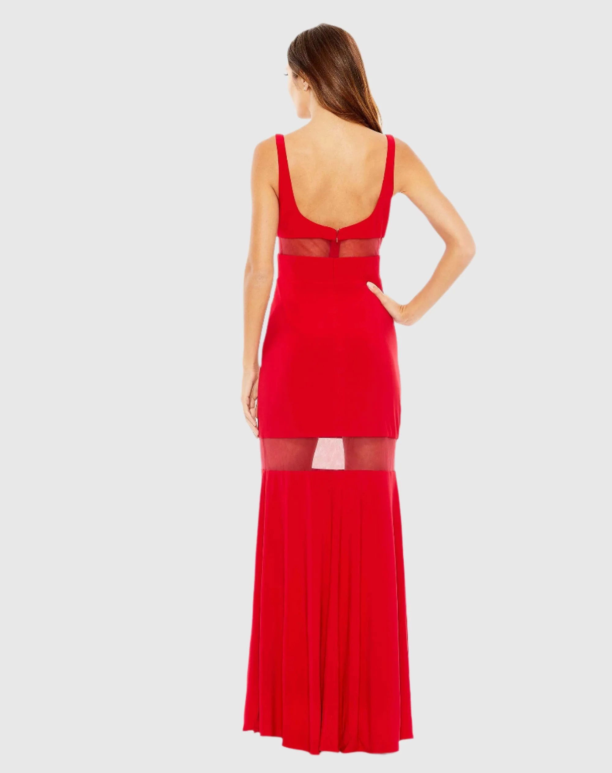 Red Sheer Mesh Panel Detail Column Gown