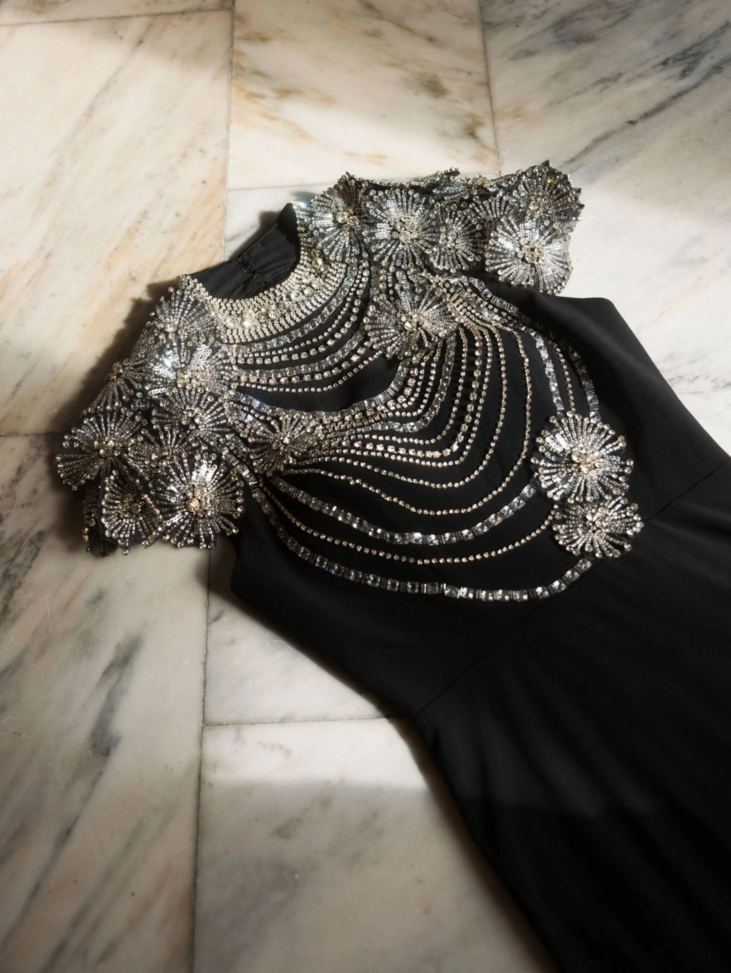 Black High Neck Embellished Column Gown