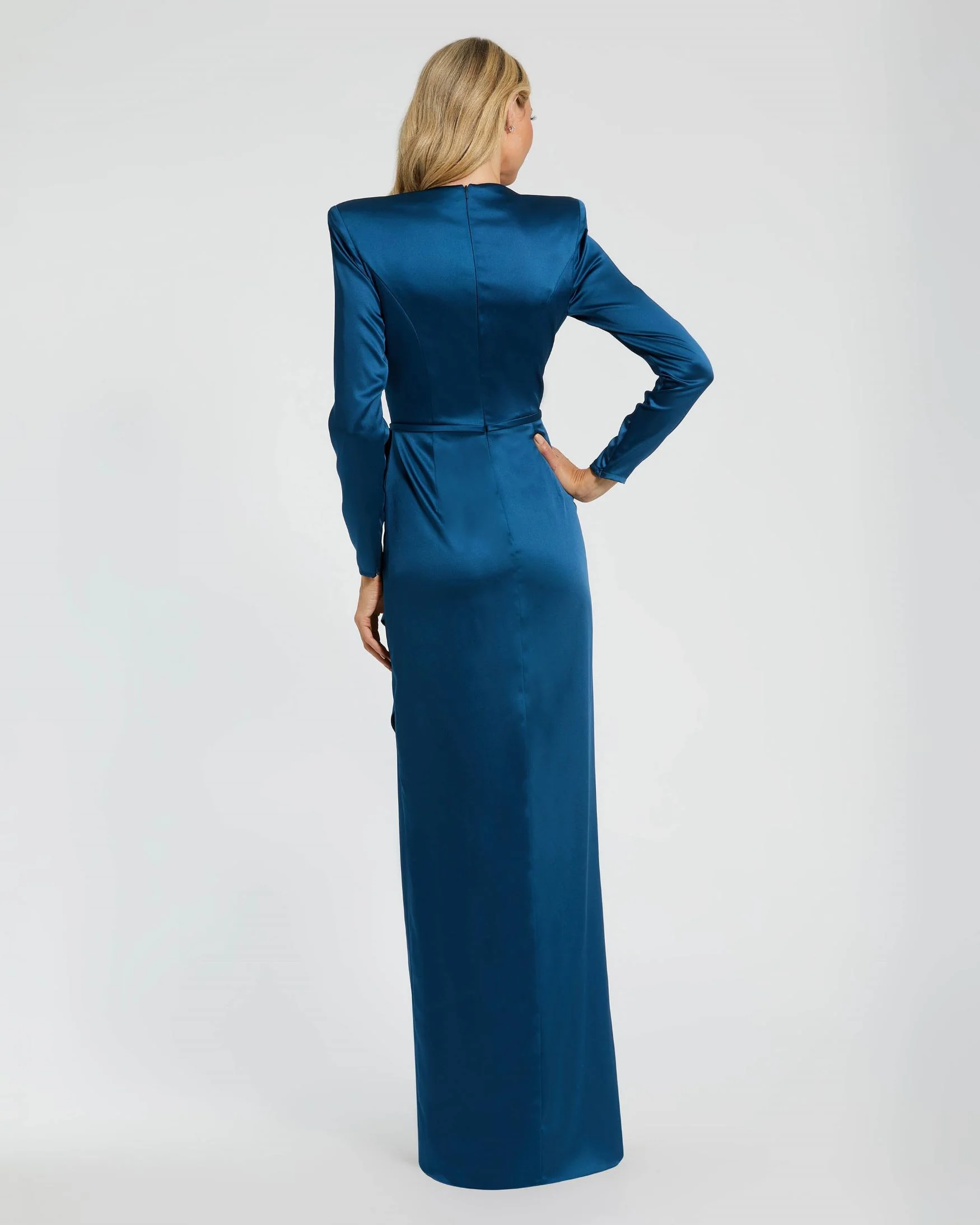 Blue Long Sleeve Satin Structured Bow Draped Column Gown