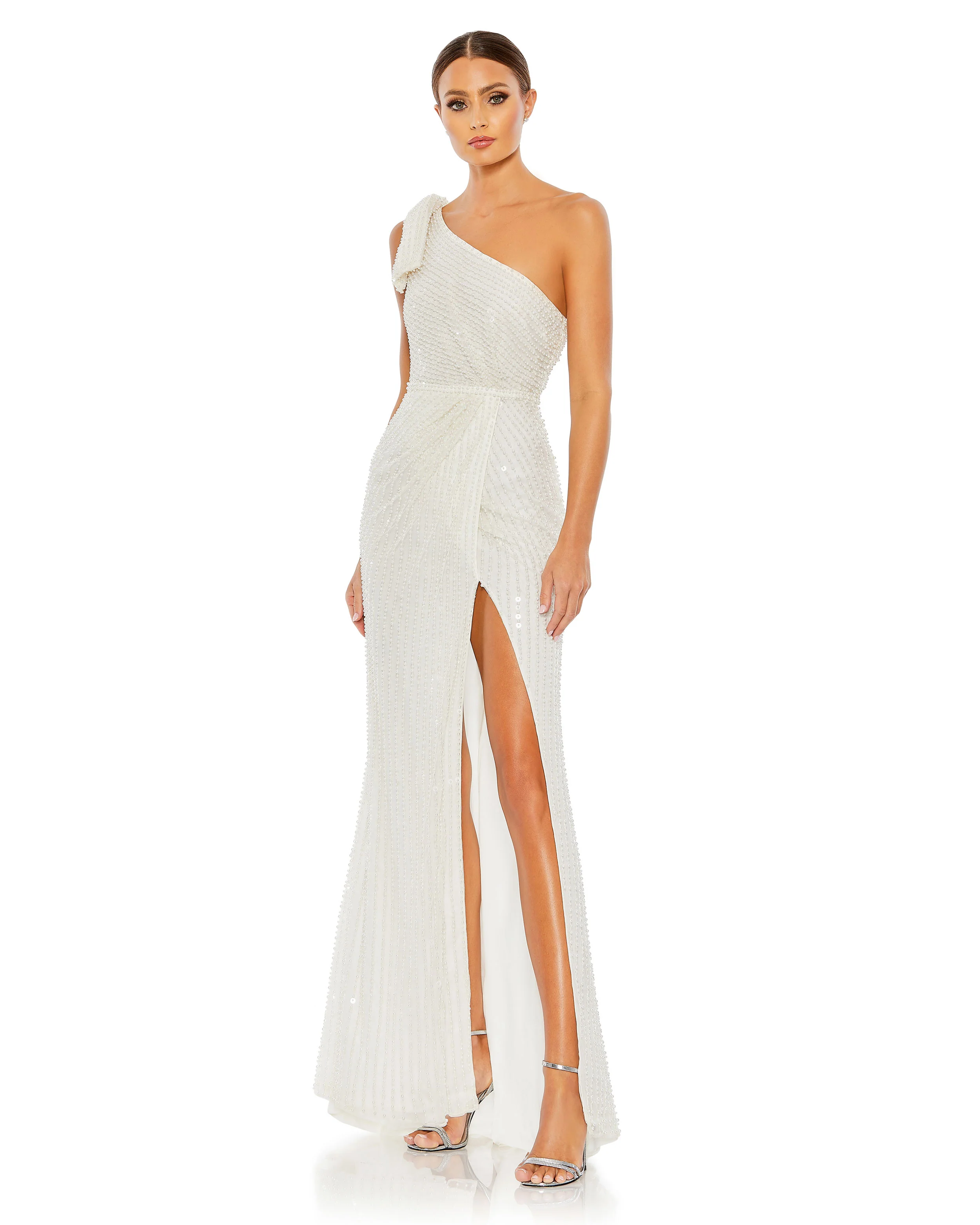 White Pearl Embellished Soft Tie One Shoulder Gown