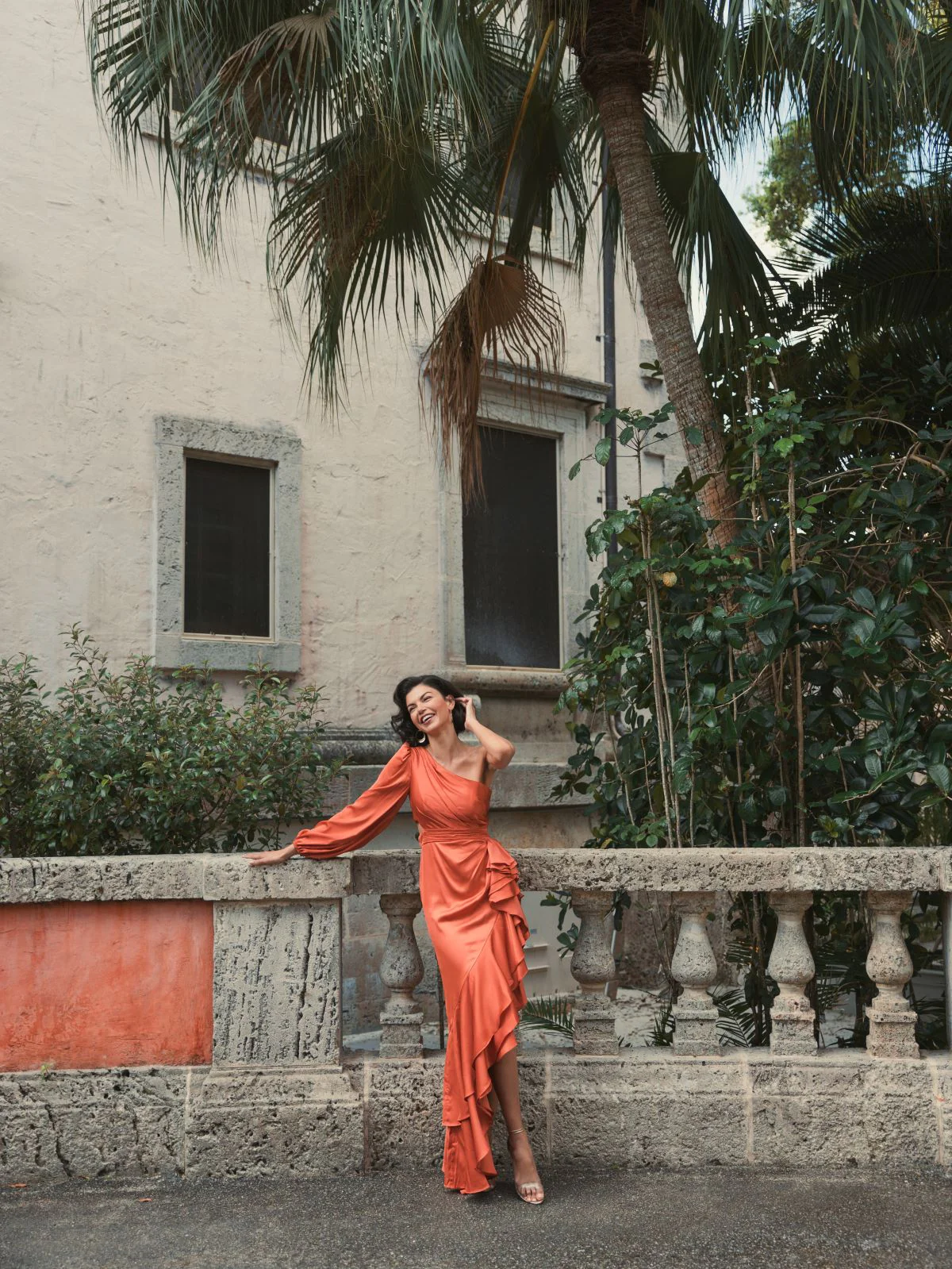 Orange One Sleeve Cut Out Asymmetrical Ruffled Gown