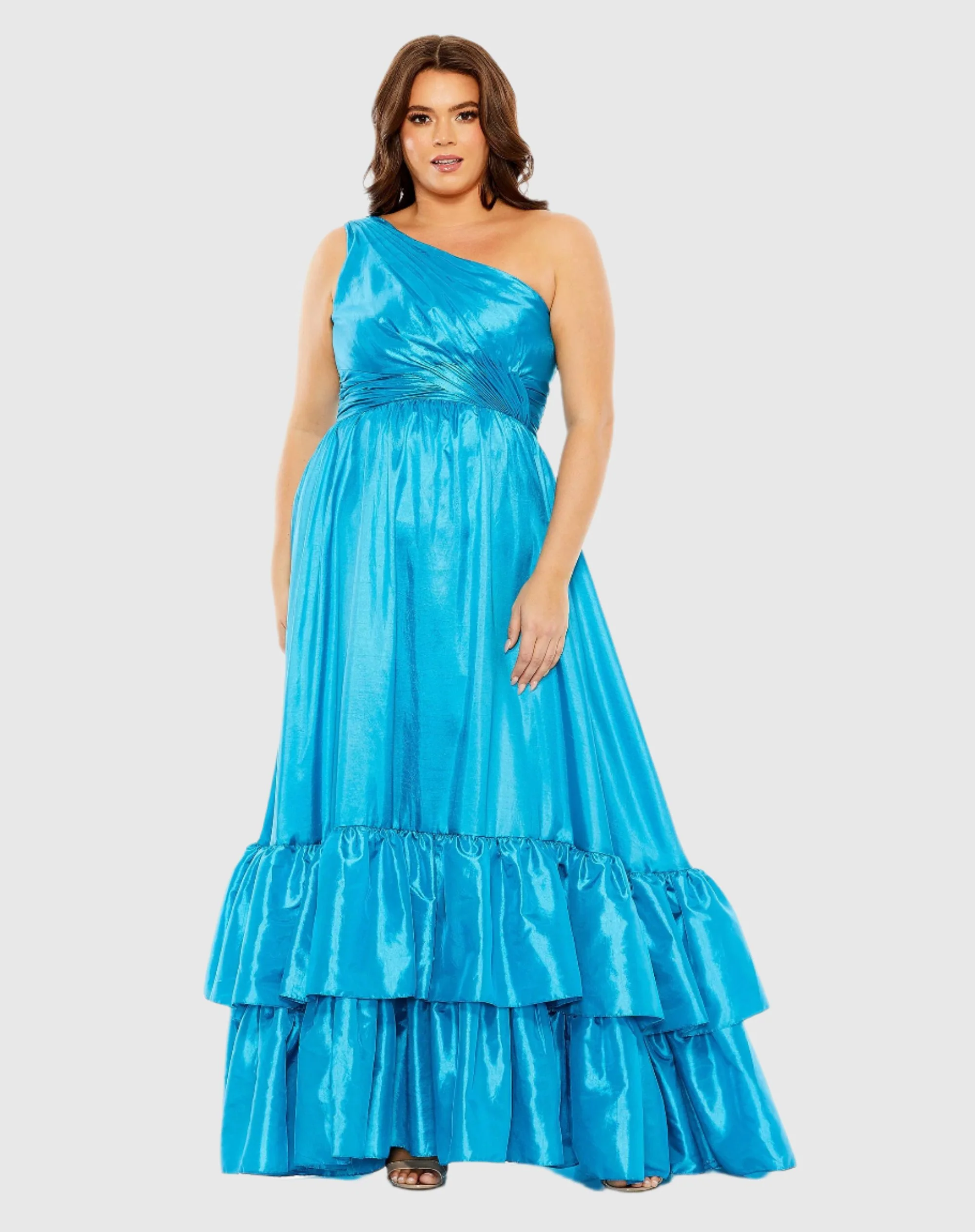 Blue One Shoulder Asymmetrical Ruffle Hem Gown