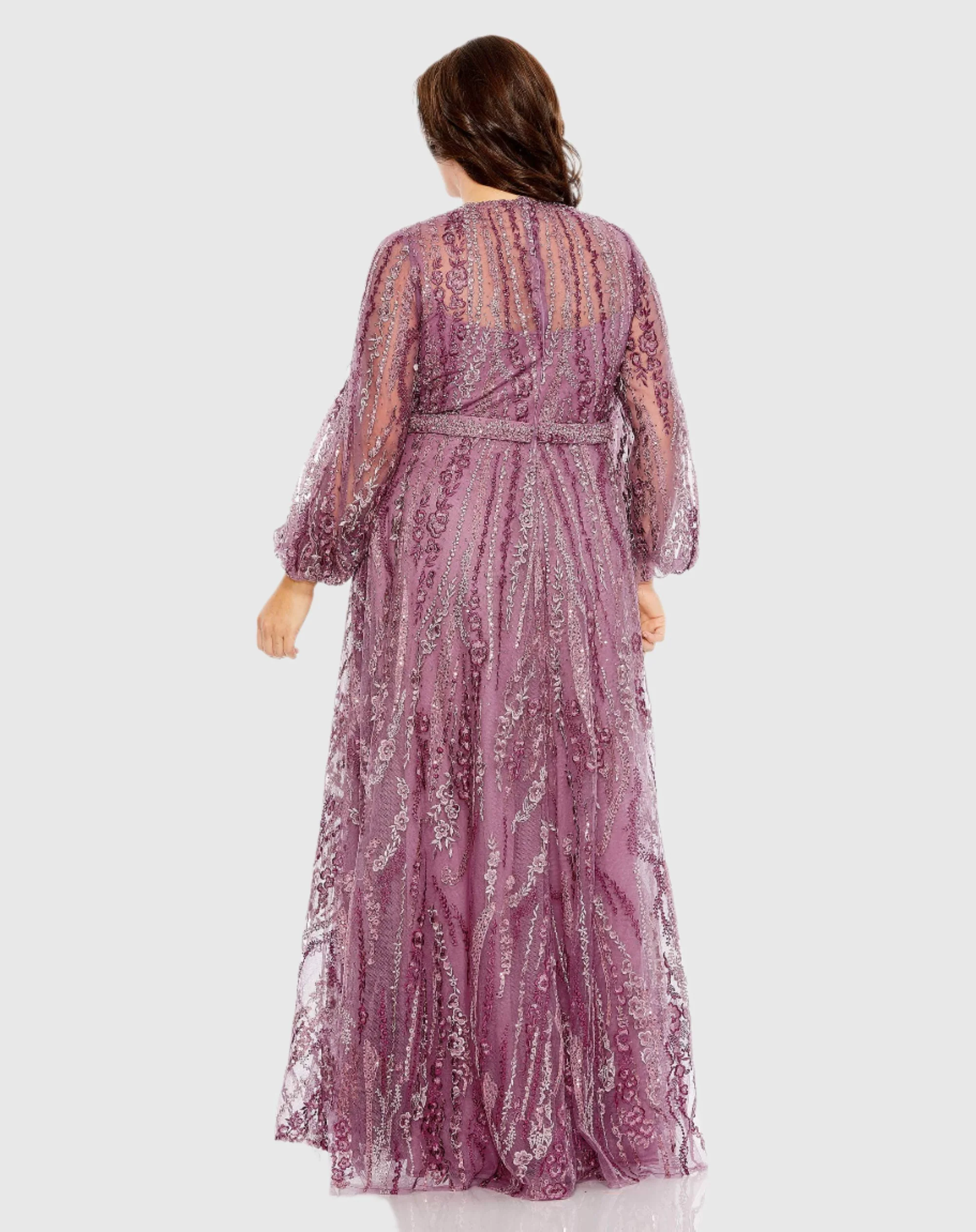Purple V Neck Puff Sleeve Embroidered A Line Gown