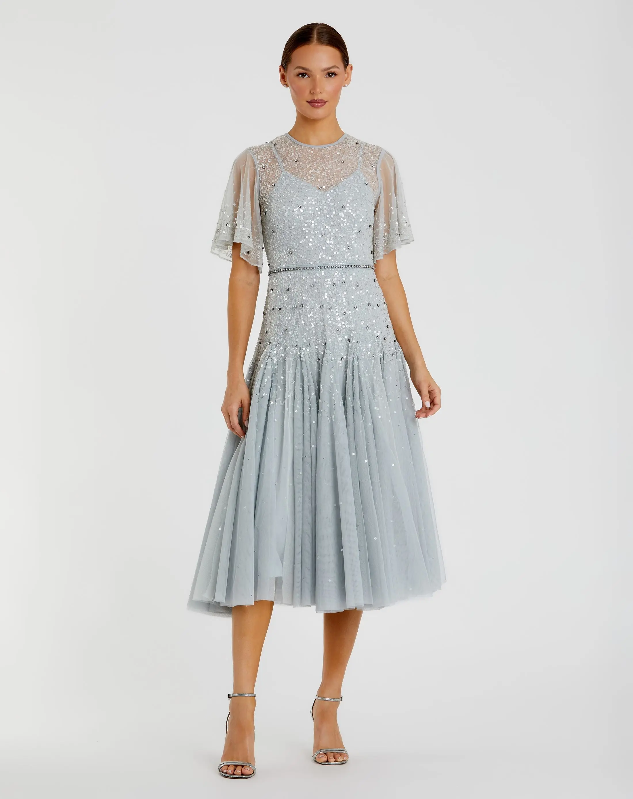 Blue Cape Sleeve Beaded Tea Length A-line Dress