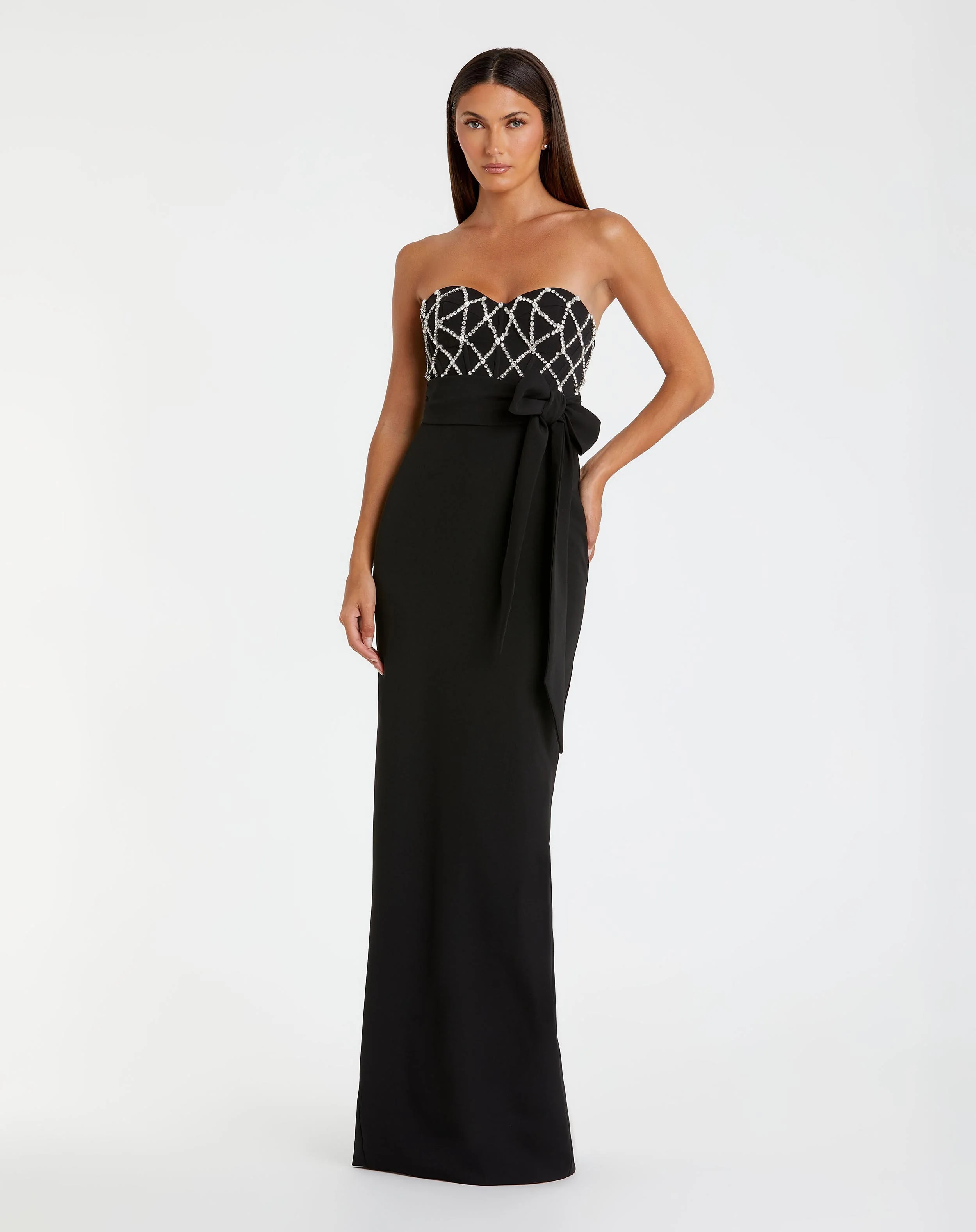 Black Strapless Crepe Embellished Bustier Gown With Bow