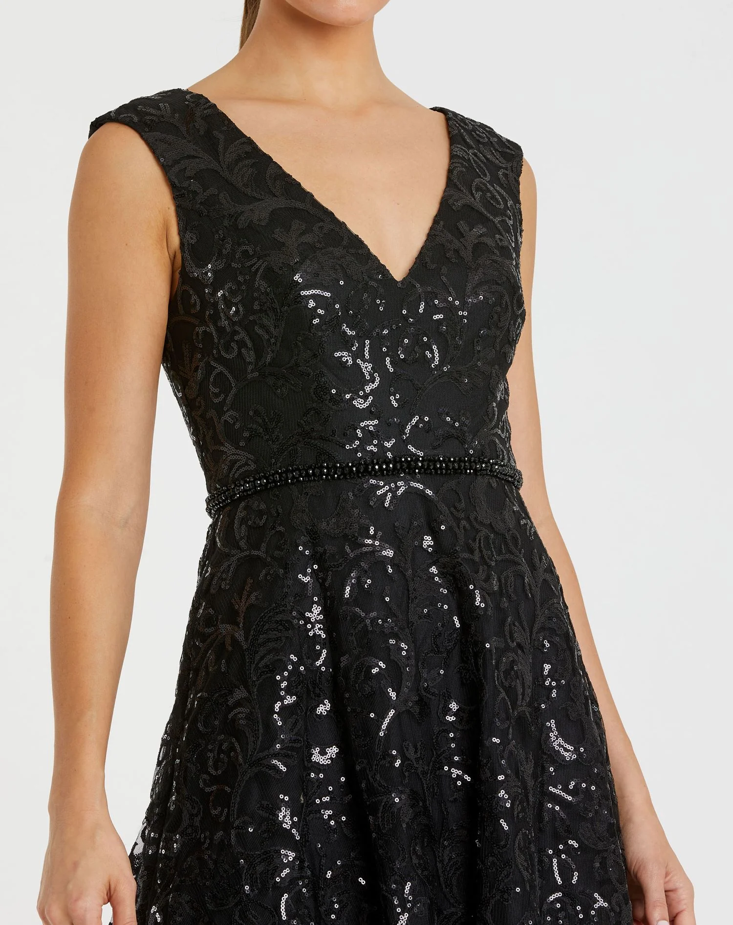 Sequined V Neck Cap Sleeve Dress