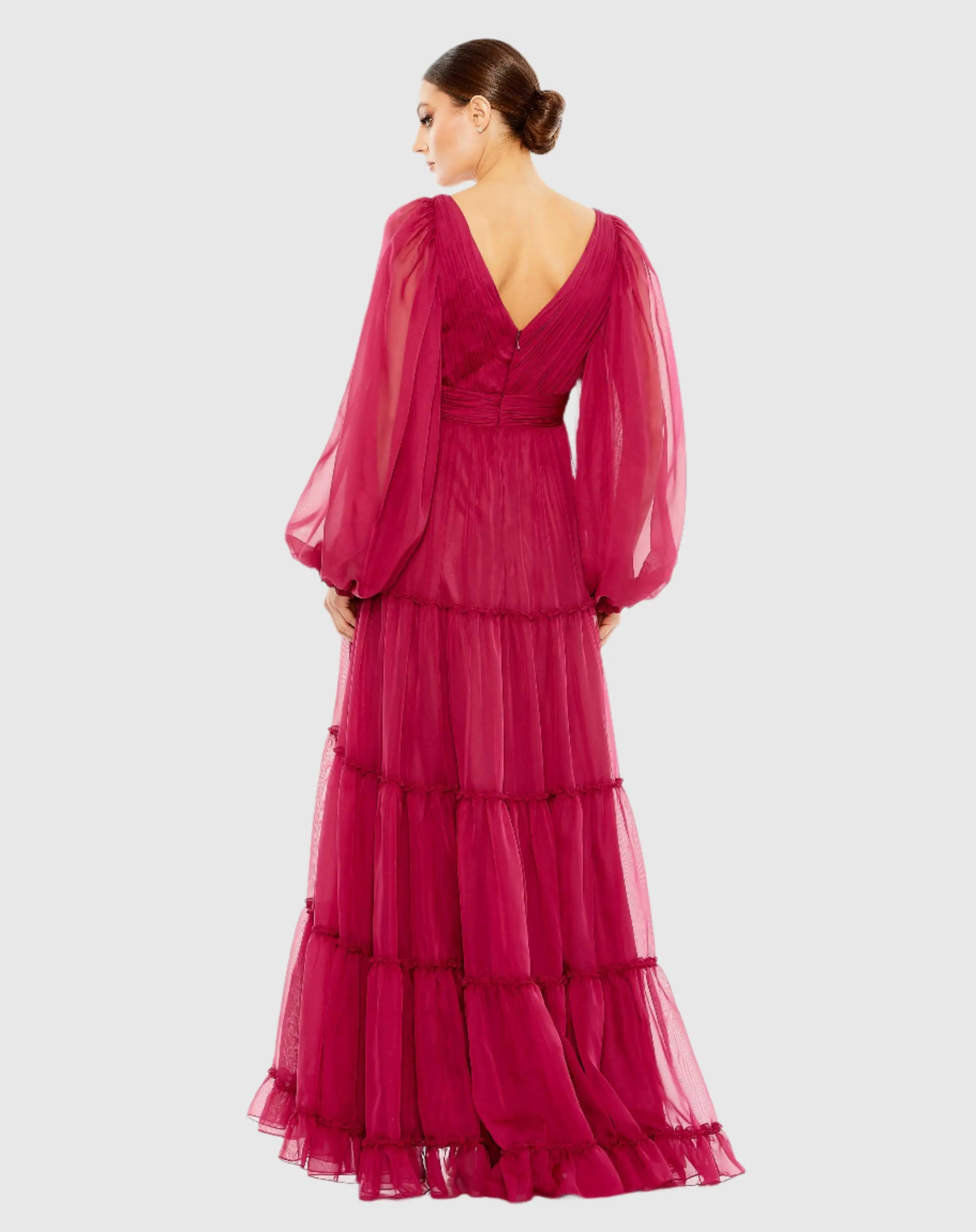 Ruffle Tiered Puff Sleeve A Line Gown