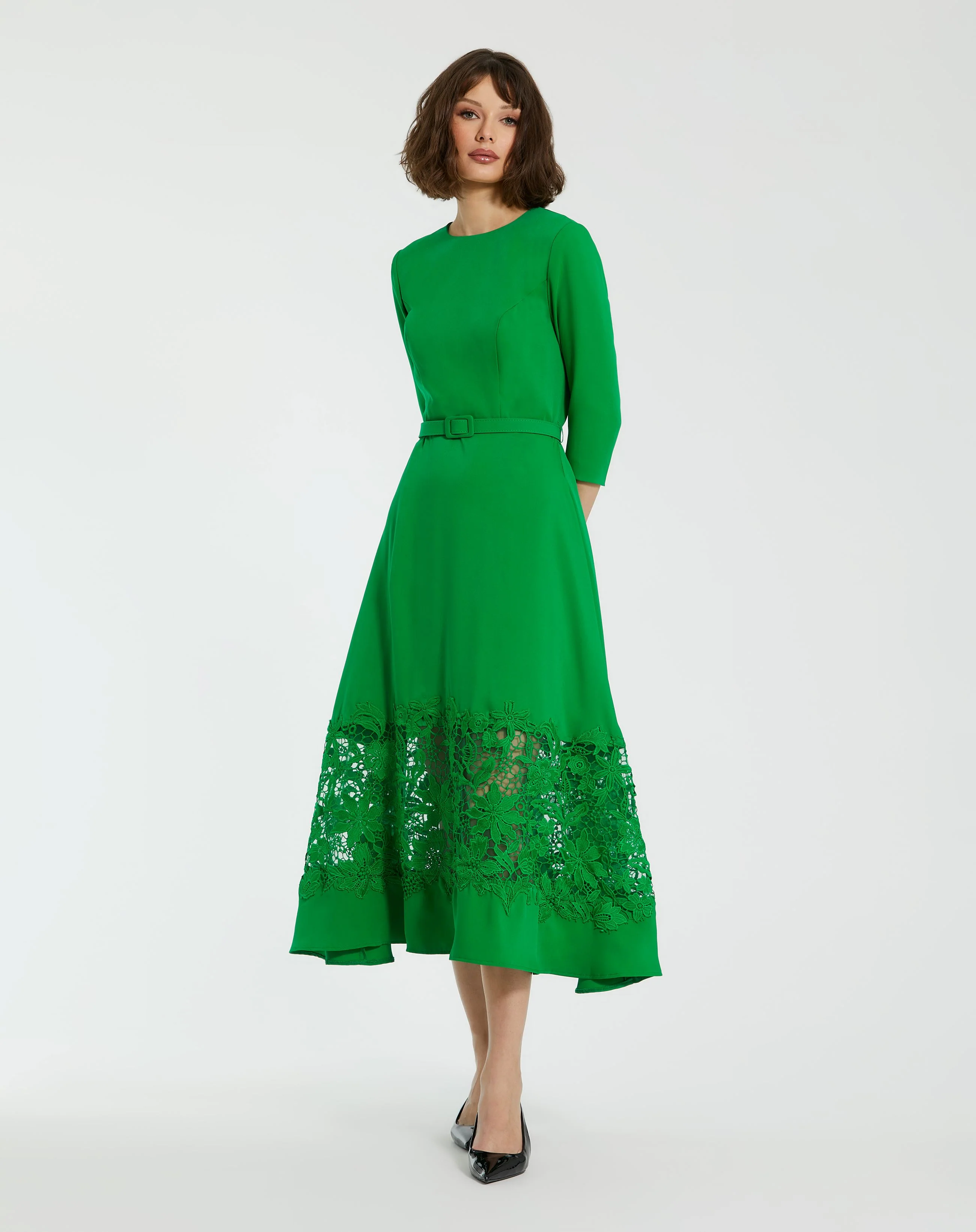 Green Crepe Boat Neck Midi Dress With Applique Cut Out