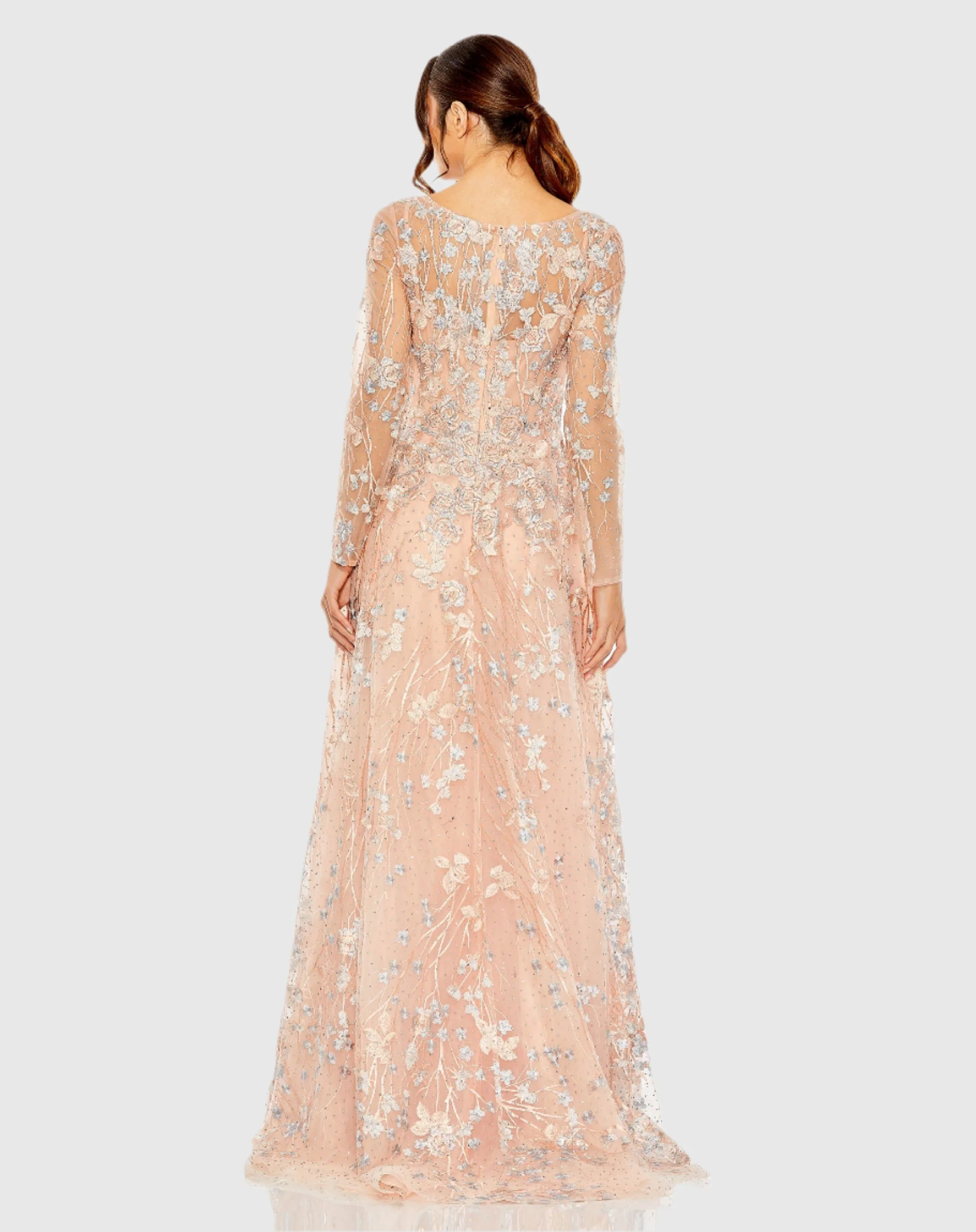 Embroidered Lace Wrap Over Illusion Long Sleeve A Line Gown -Pink