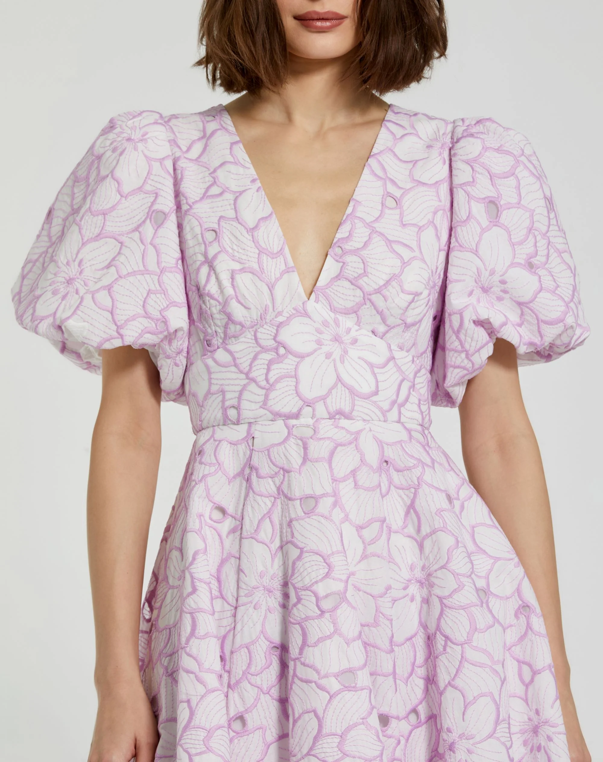 Purple and White Embroidered Floral Puff Sleeve Dress