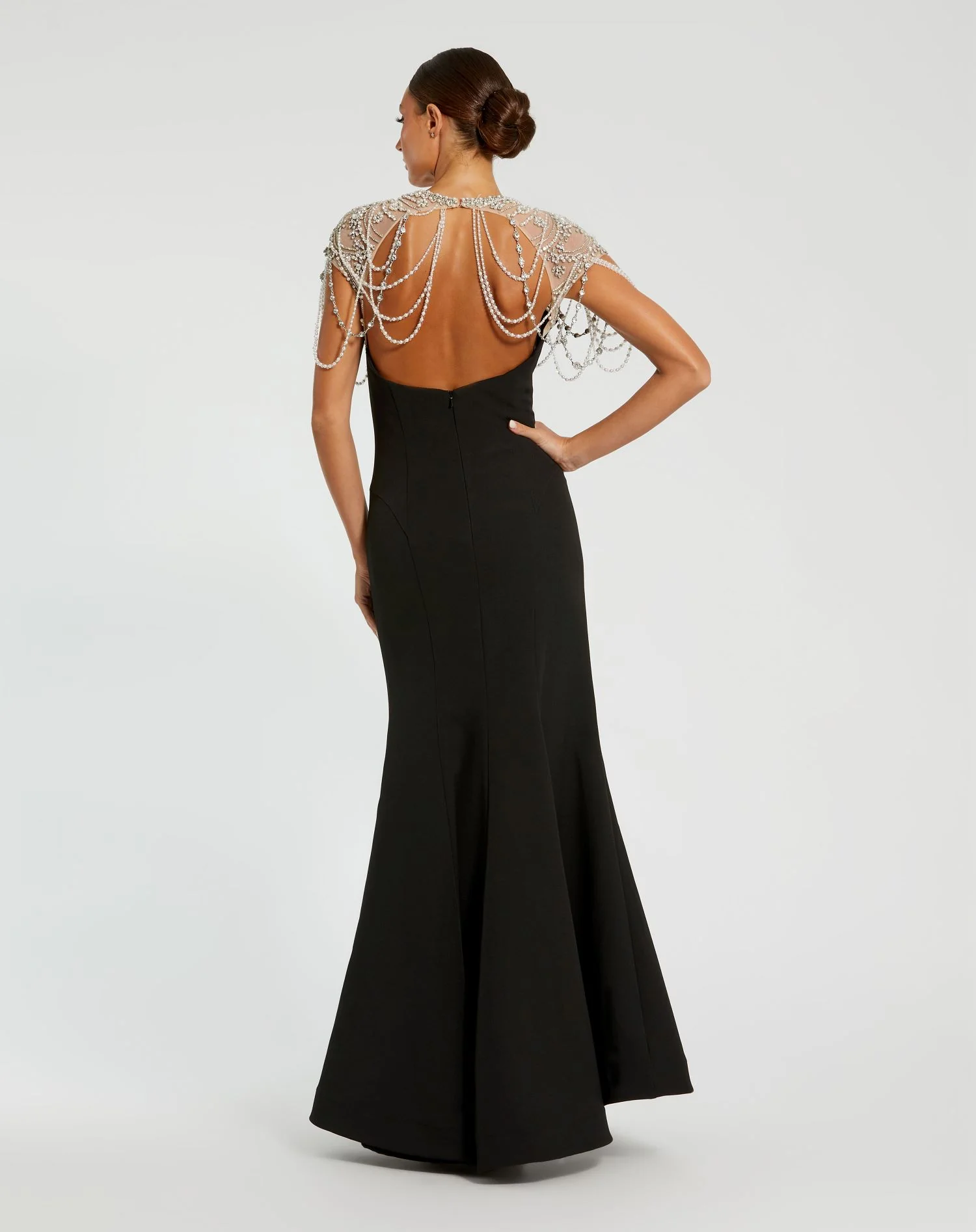 Black Draped Pearl Beaded Mermaid Gown
