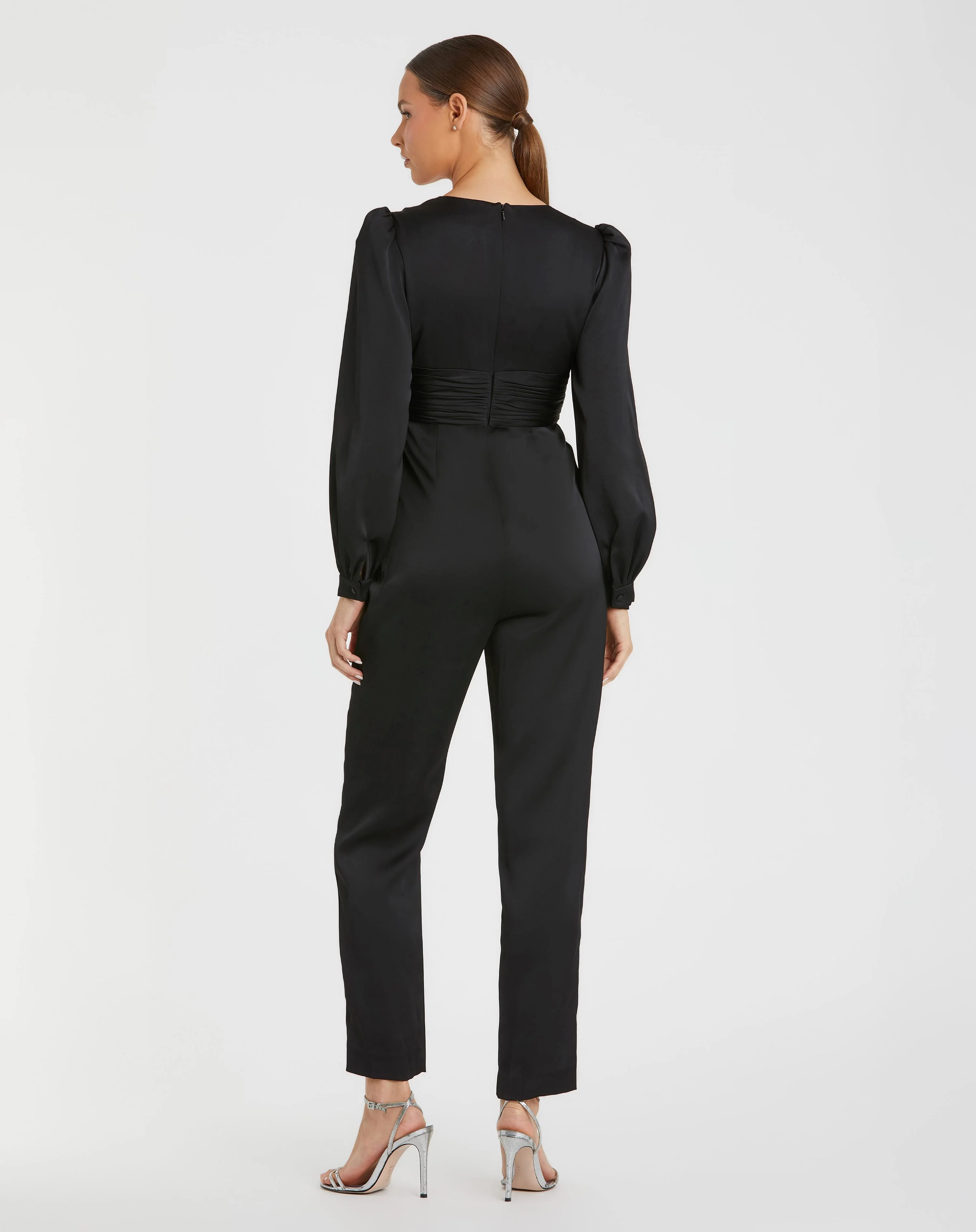 Black Front Twist Puff Sleeve Deep V Jumpsuit