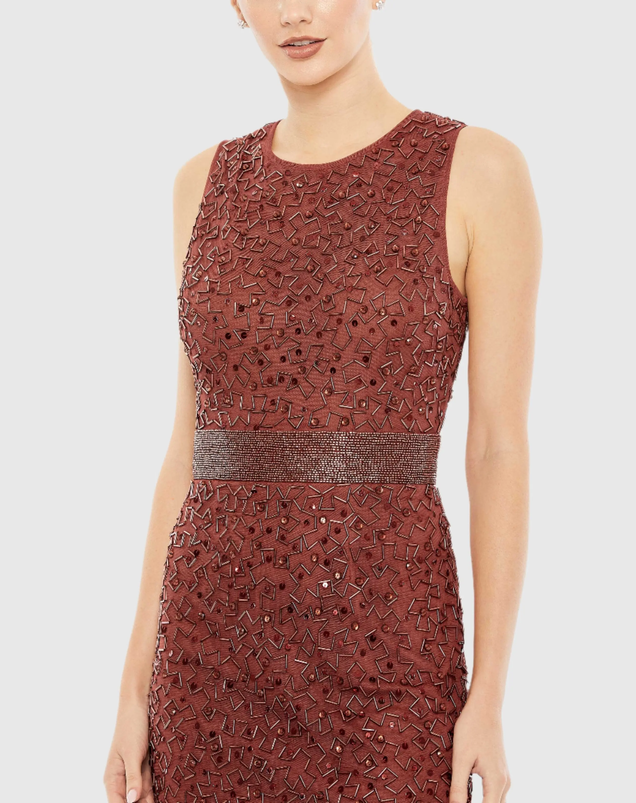 Red Geometric Embellished Sleeveless Column Dress