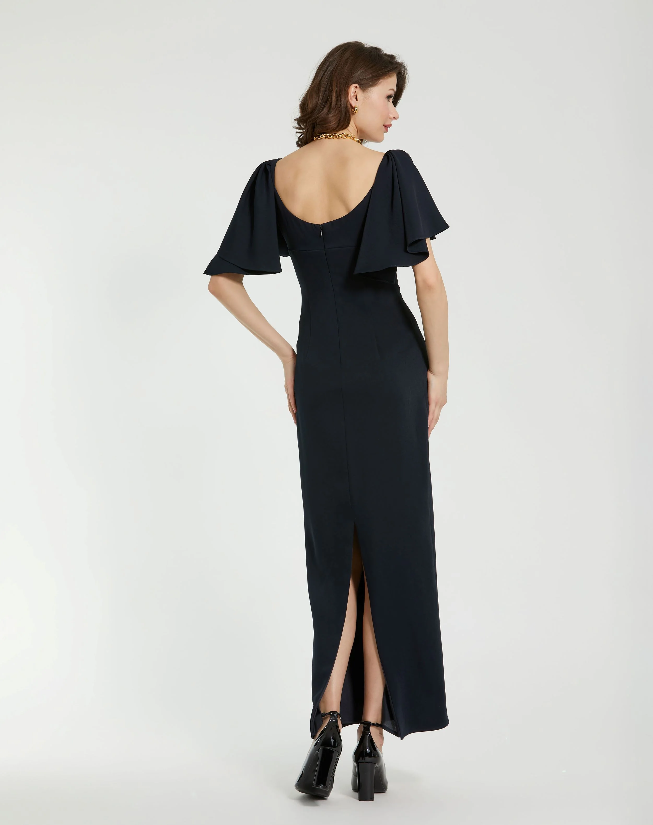 Navy Crepe Fitted Column Dress With Short Ruffle Sleeves