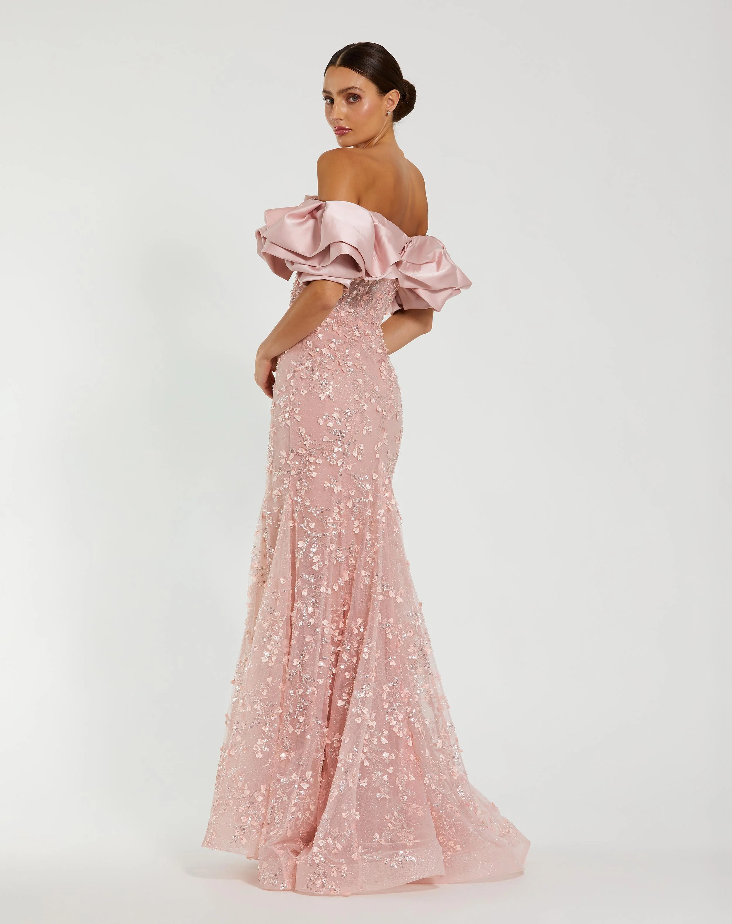 Pink Beaded Applique Off The Shoulder Mermaid Gown