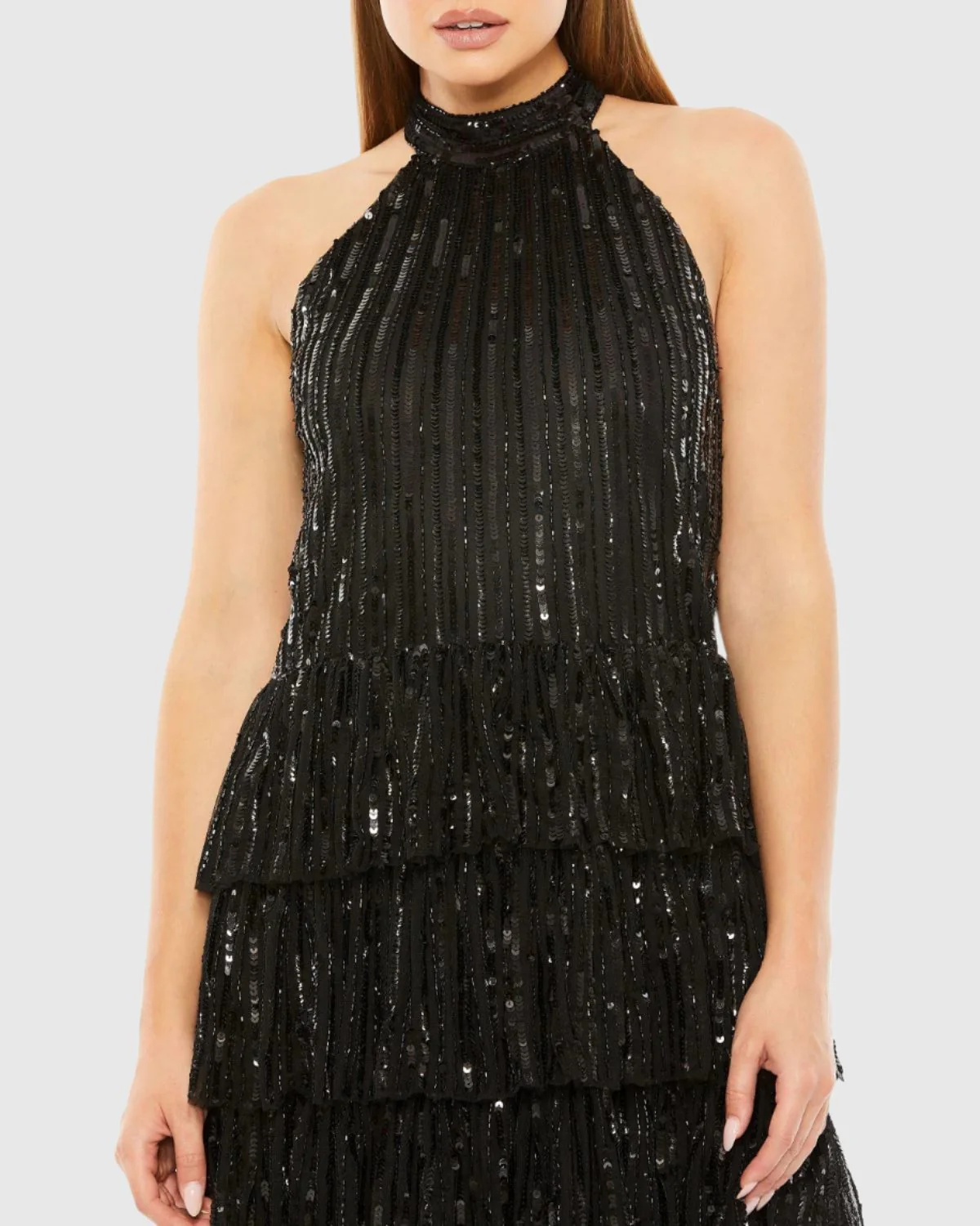 Black High Neck A-Line Ruffle Sequin Mini Dress