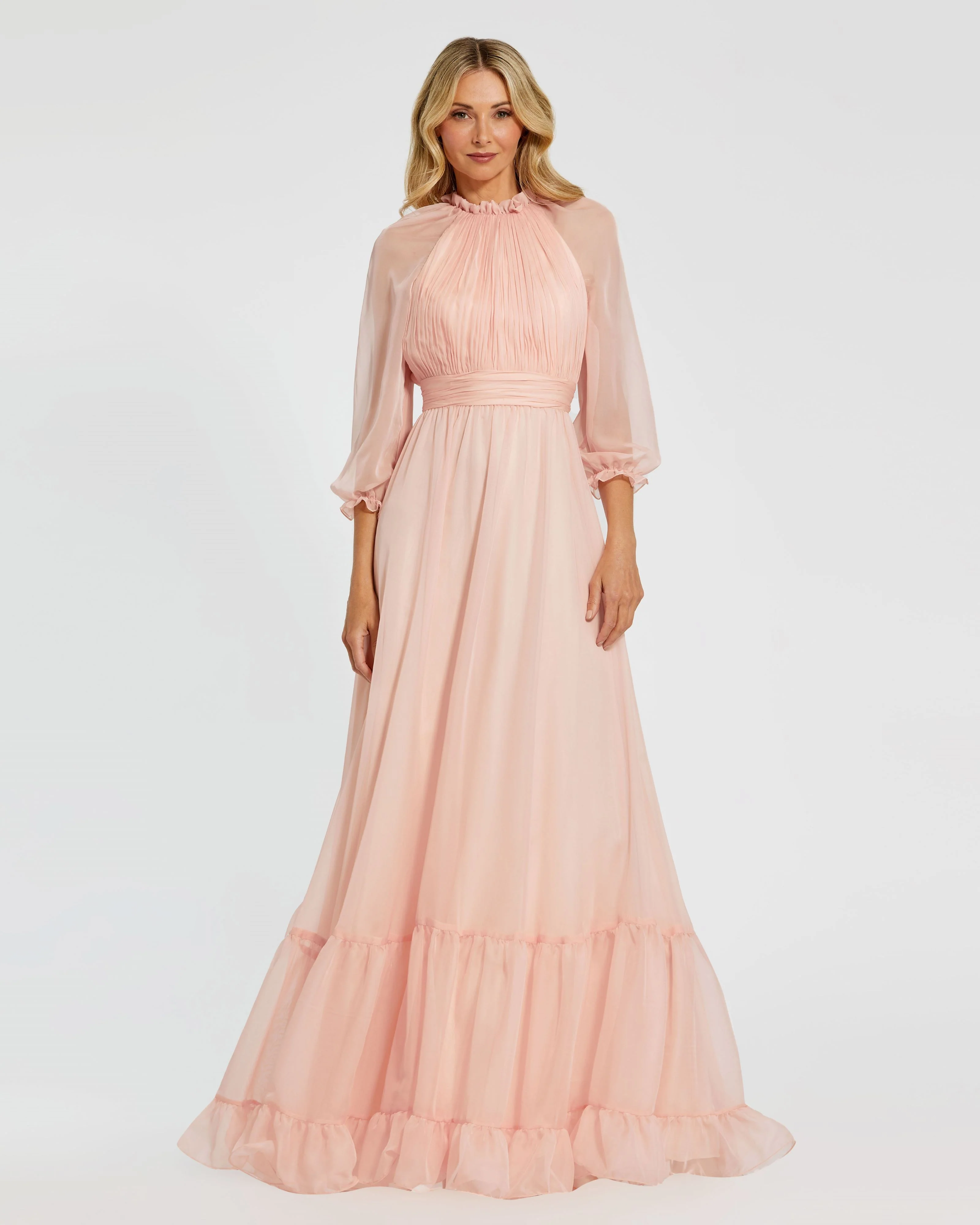 Pink Chiffon Ruched Illusion Raglan Sleeve Ruffled Gown