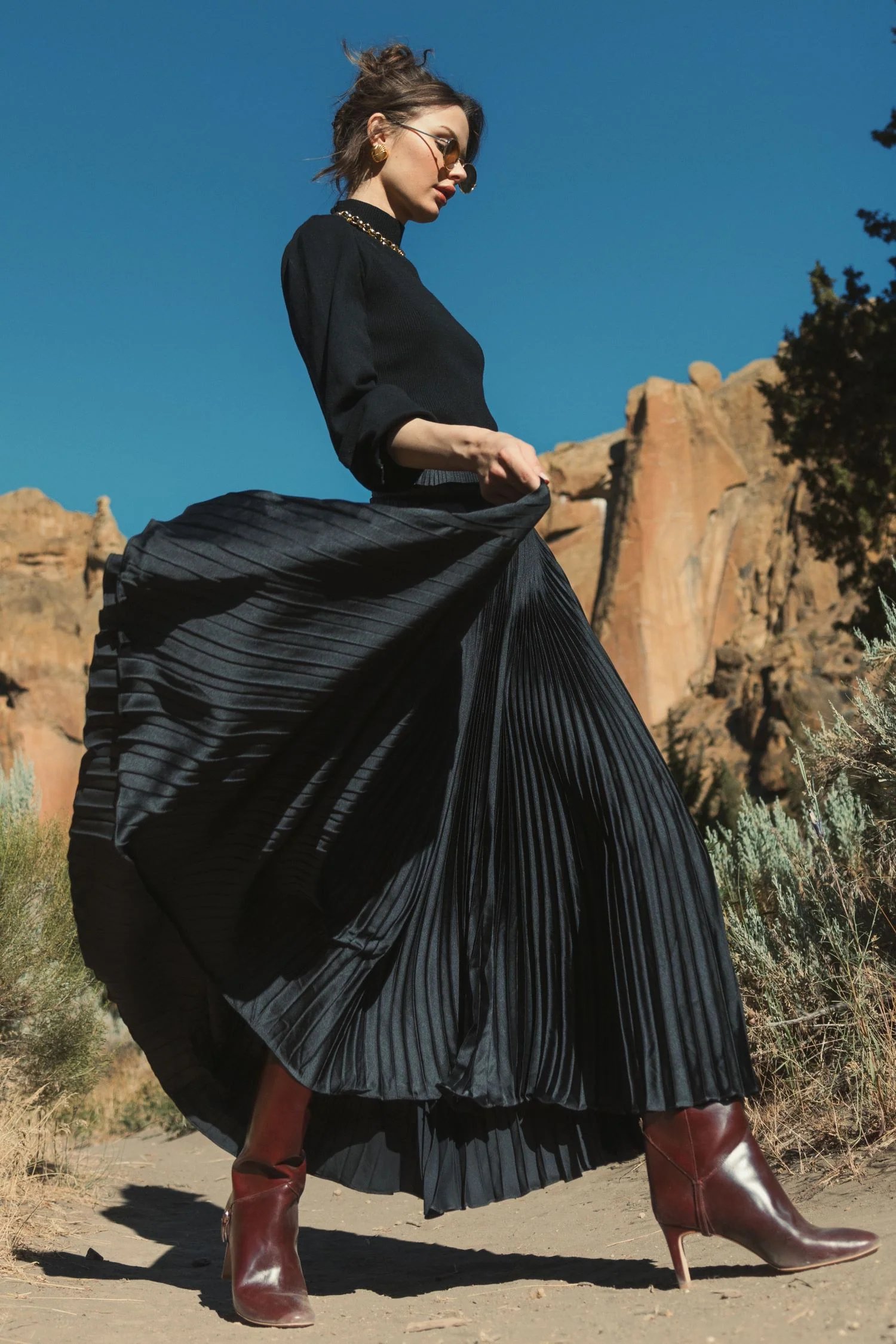 Black Ankle Length Satin Pleated Skirt