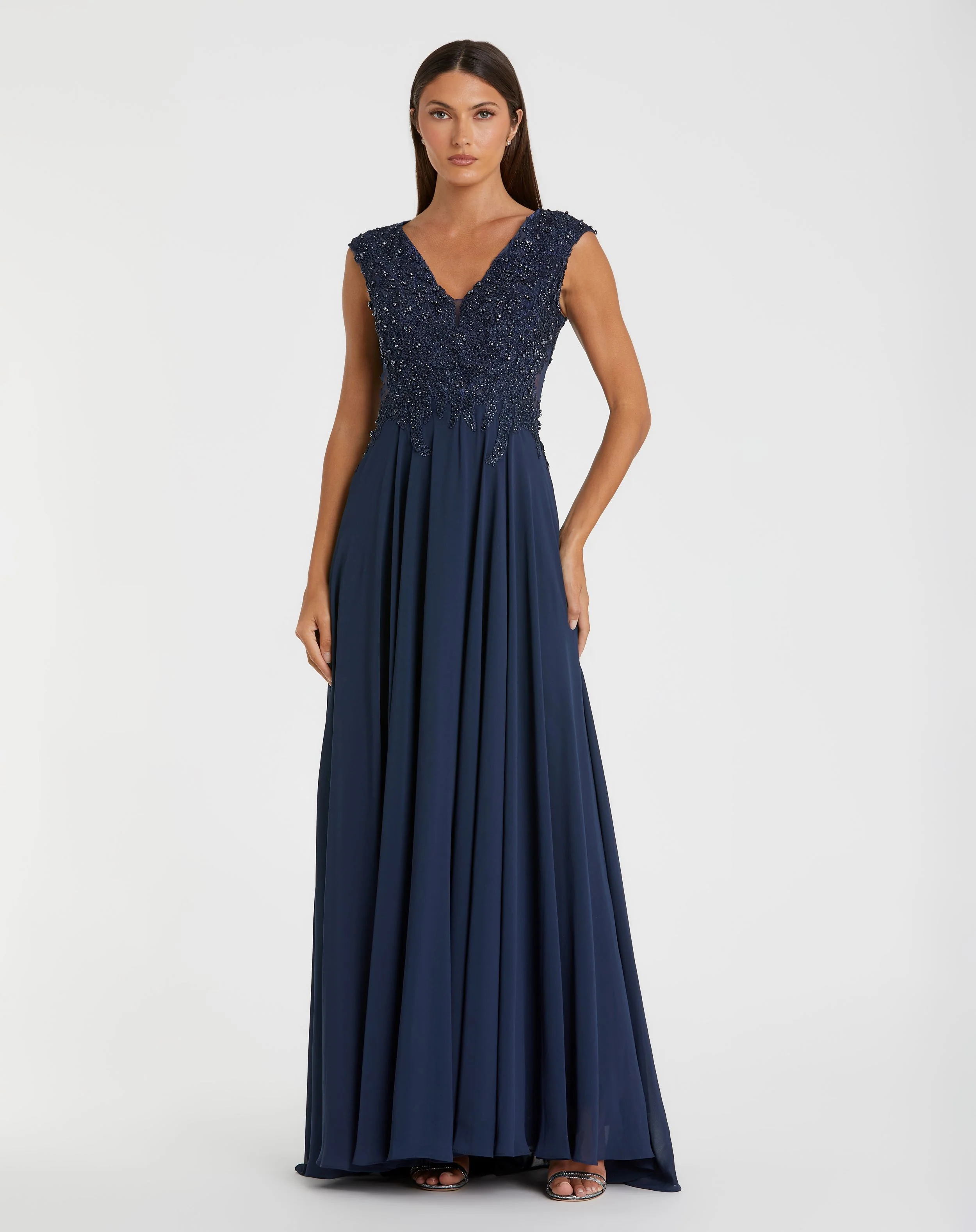 Navy Applique Cap Sleeve Bodice Flowy Gown