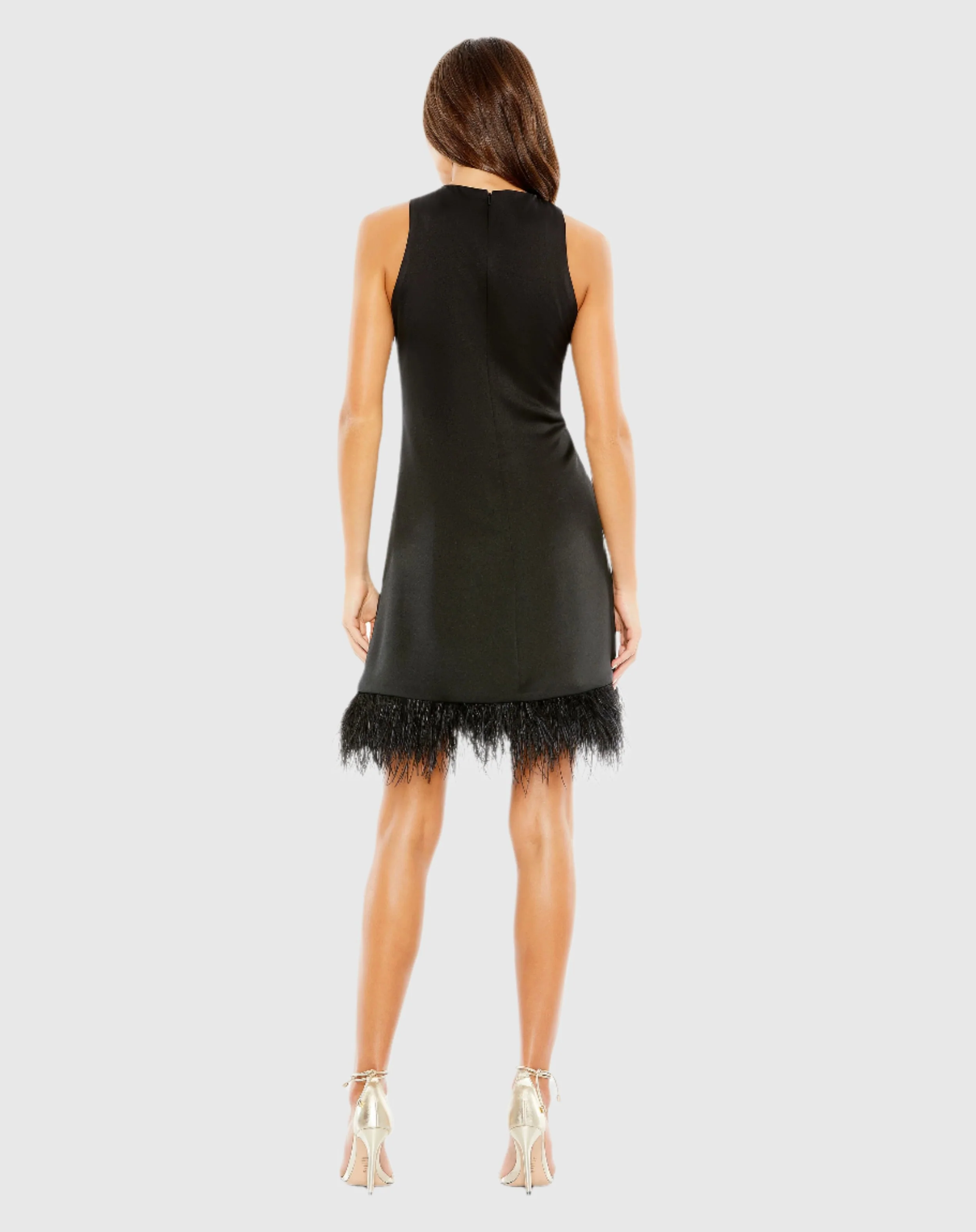 Black Feathered Hem High Neck Sleeveless A Line Dress
