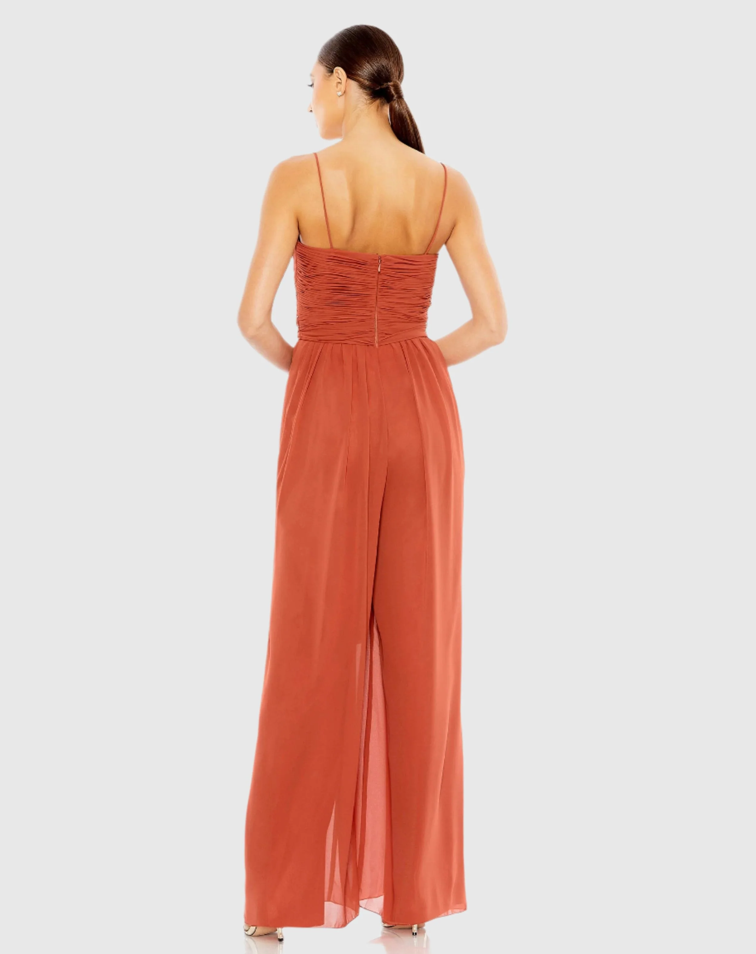 Orange Ruched Sleeveless Tie Jumpsuit