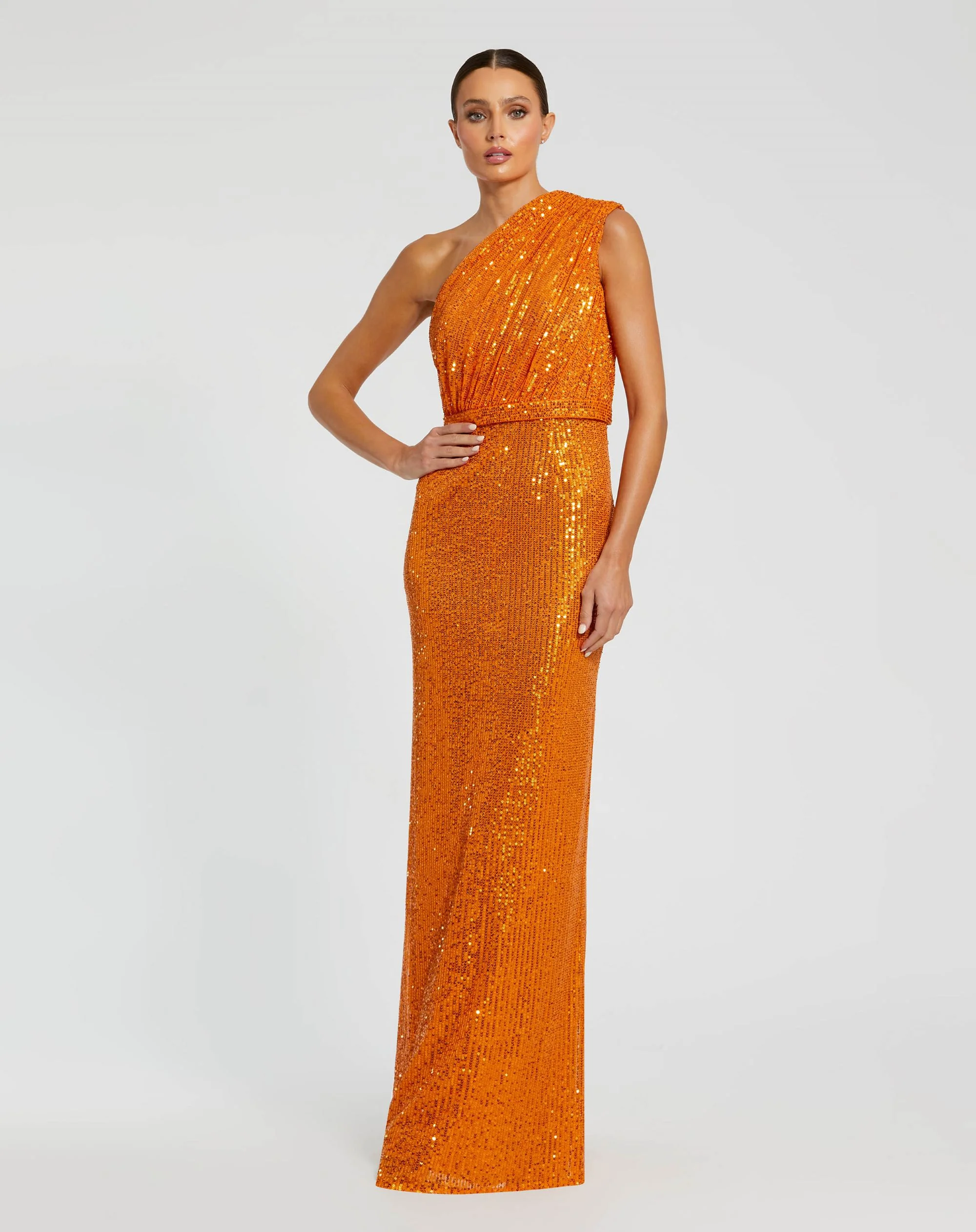 Orange Sequined Ruched One Shoulder Gown