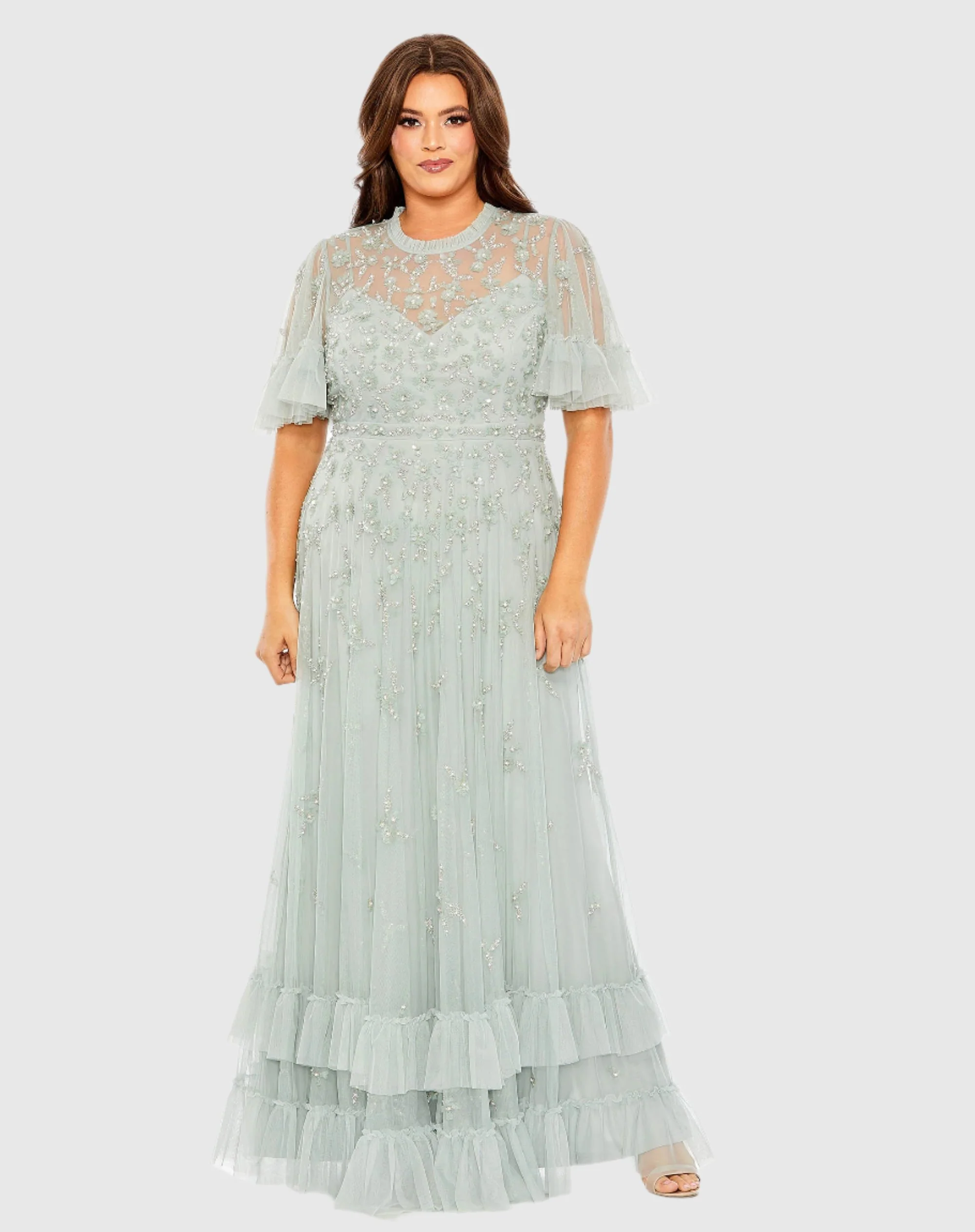 Green Embellished Flutter Sleeve Ruffle Tiered Gown