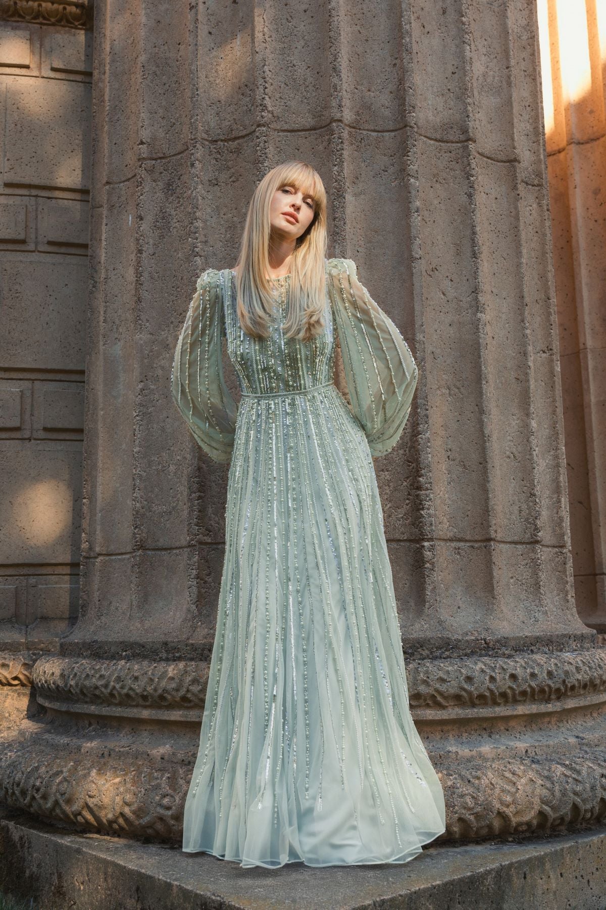 Green Boat Neck Long Sleeve Gown With Striped Beading