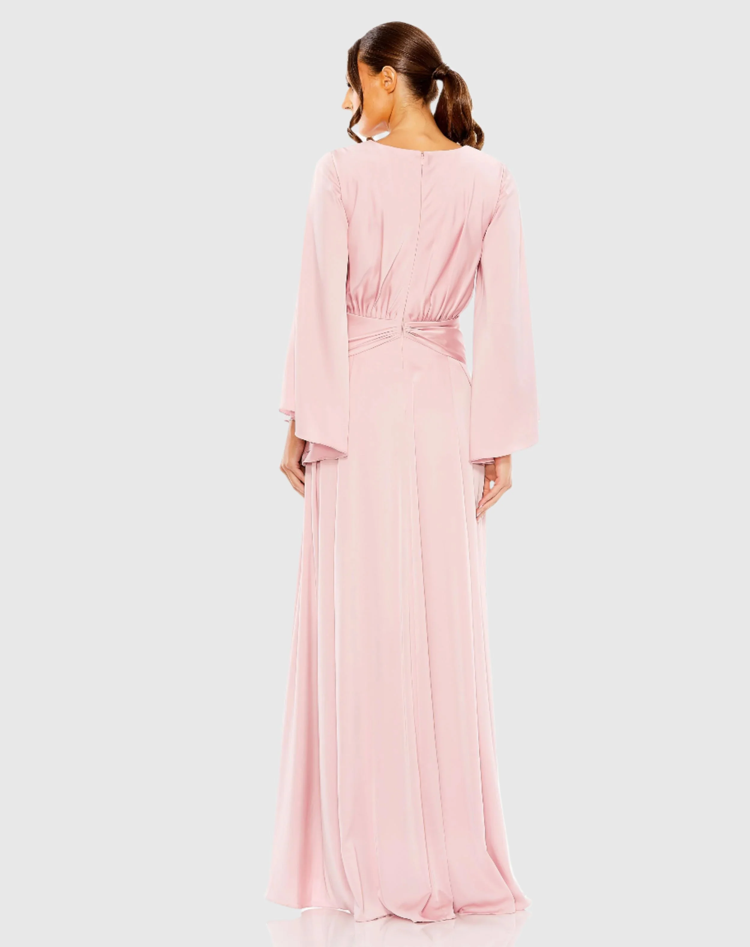 Pink Long Sleeve V Neck High Slit Gown