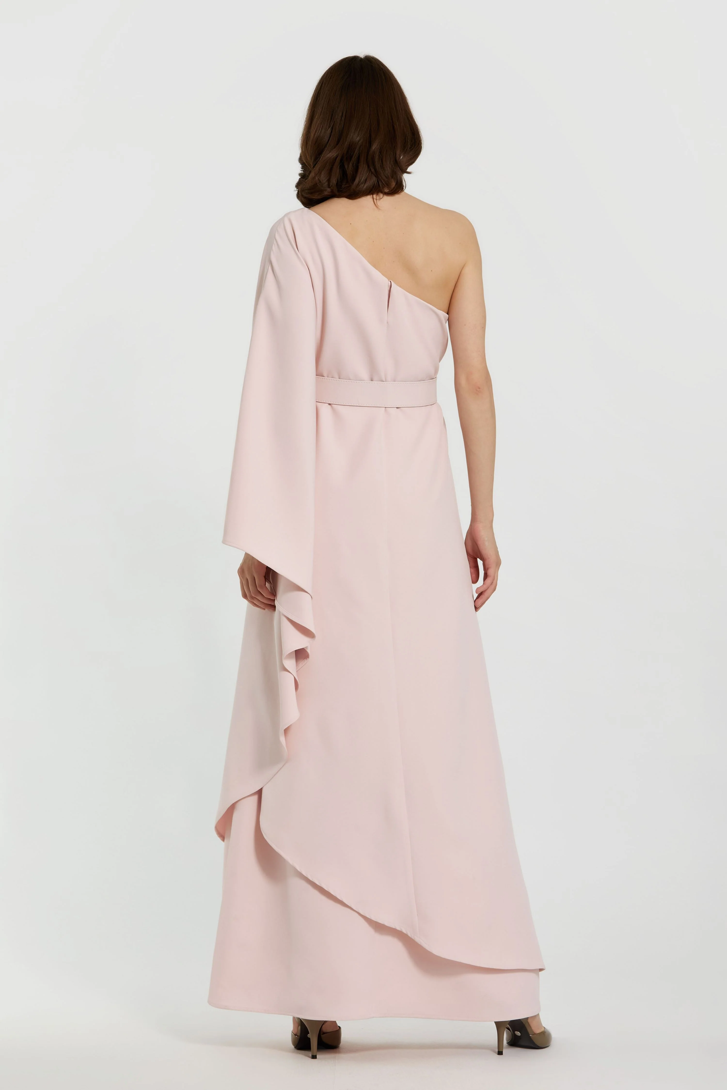 Pink Crepe One Sleeve Belted Kaftan Dress