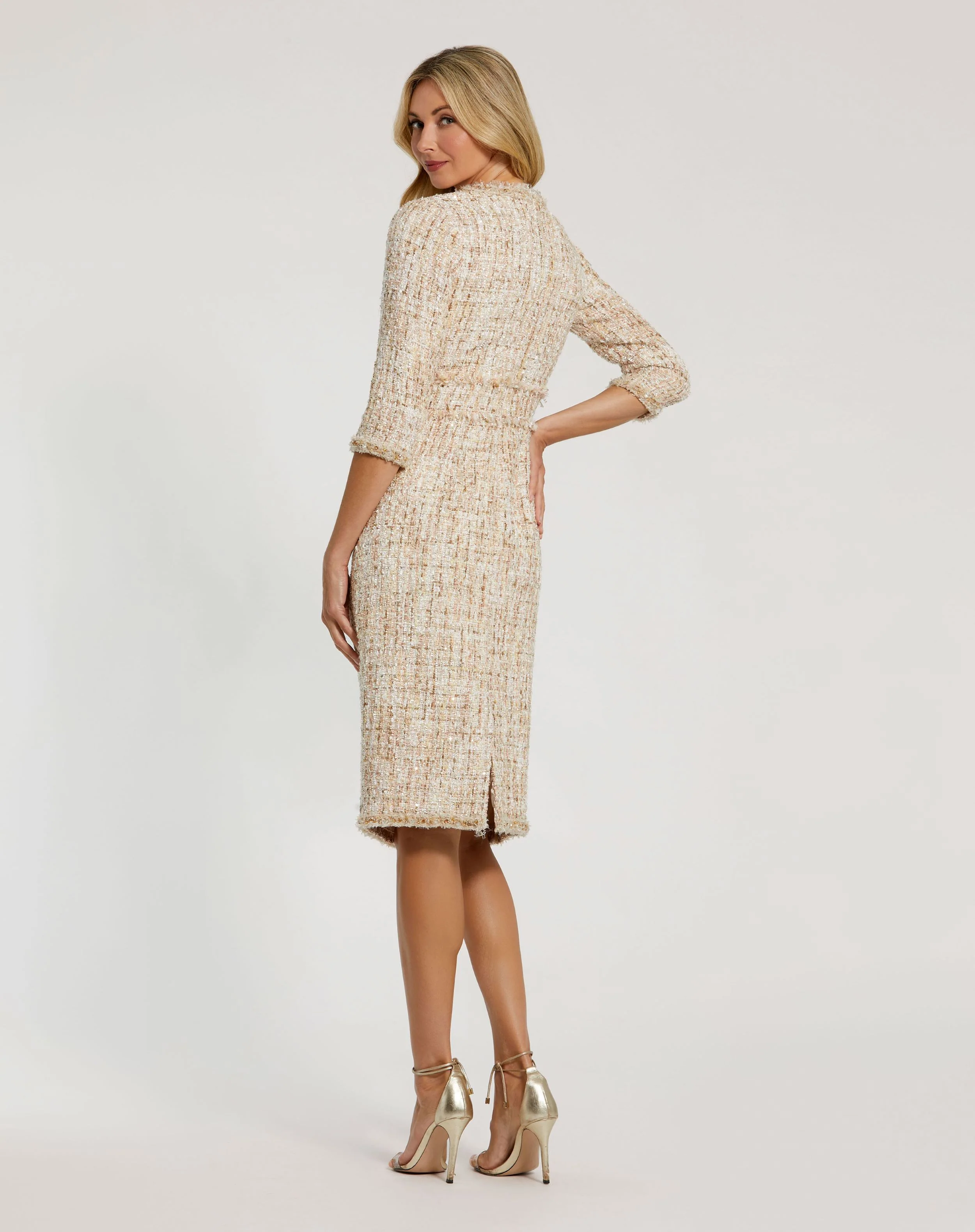 Beige 3/4 Sleeve Beaded Trim Patch Pocket Tweed Midi Dress