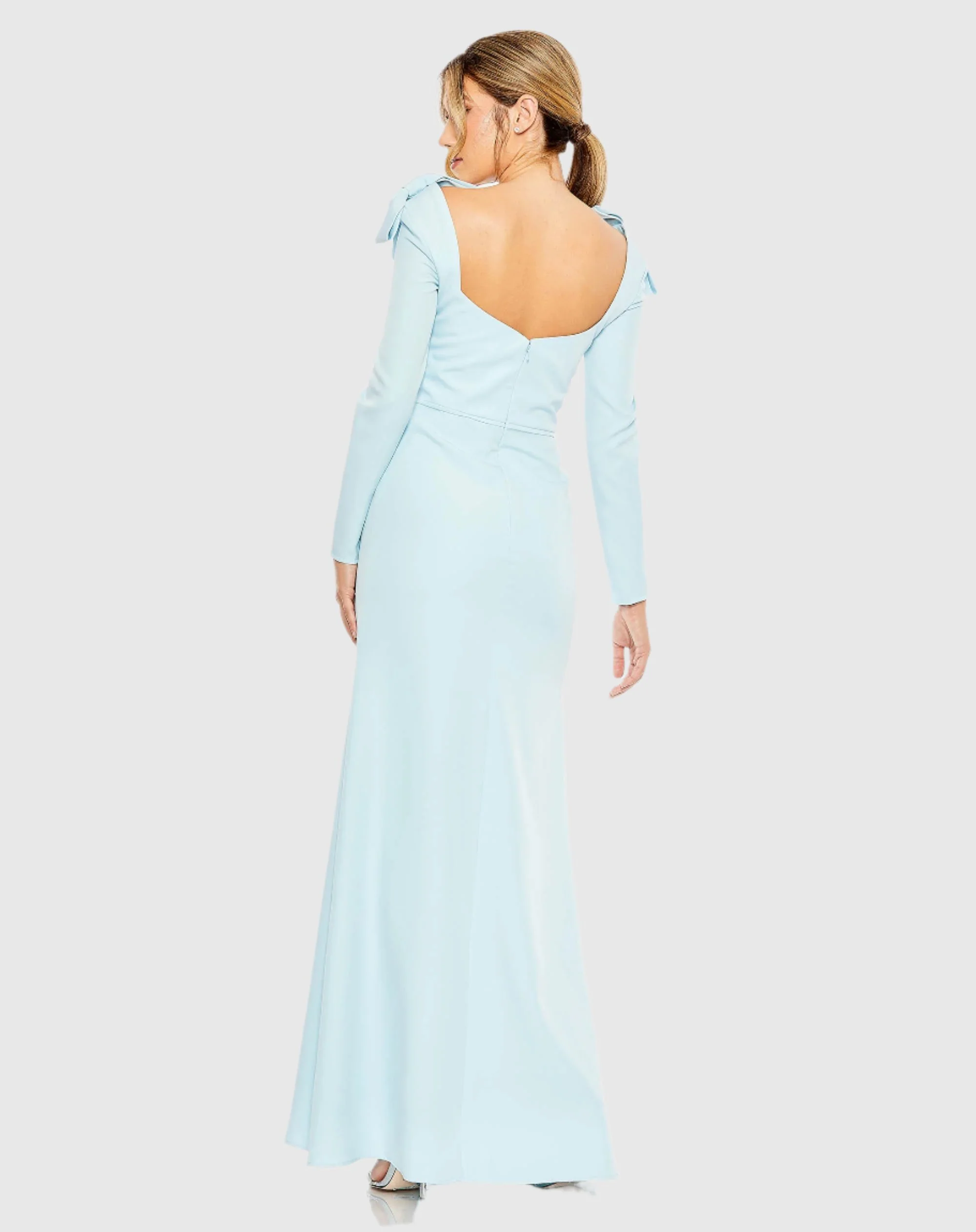 Blue Empire Waist Long Sleeve Bow Shoulder Gown
