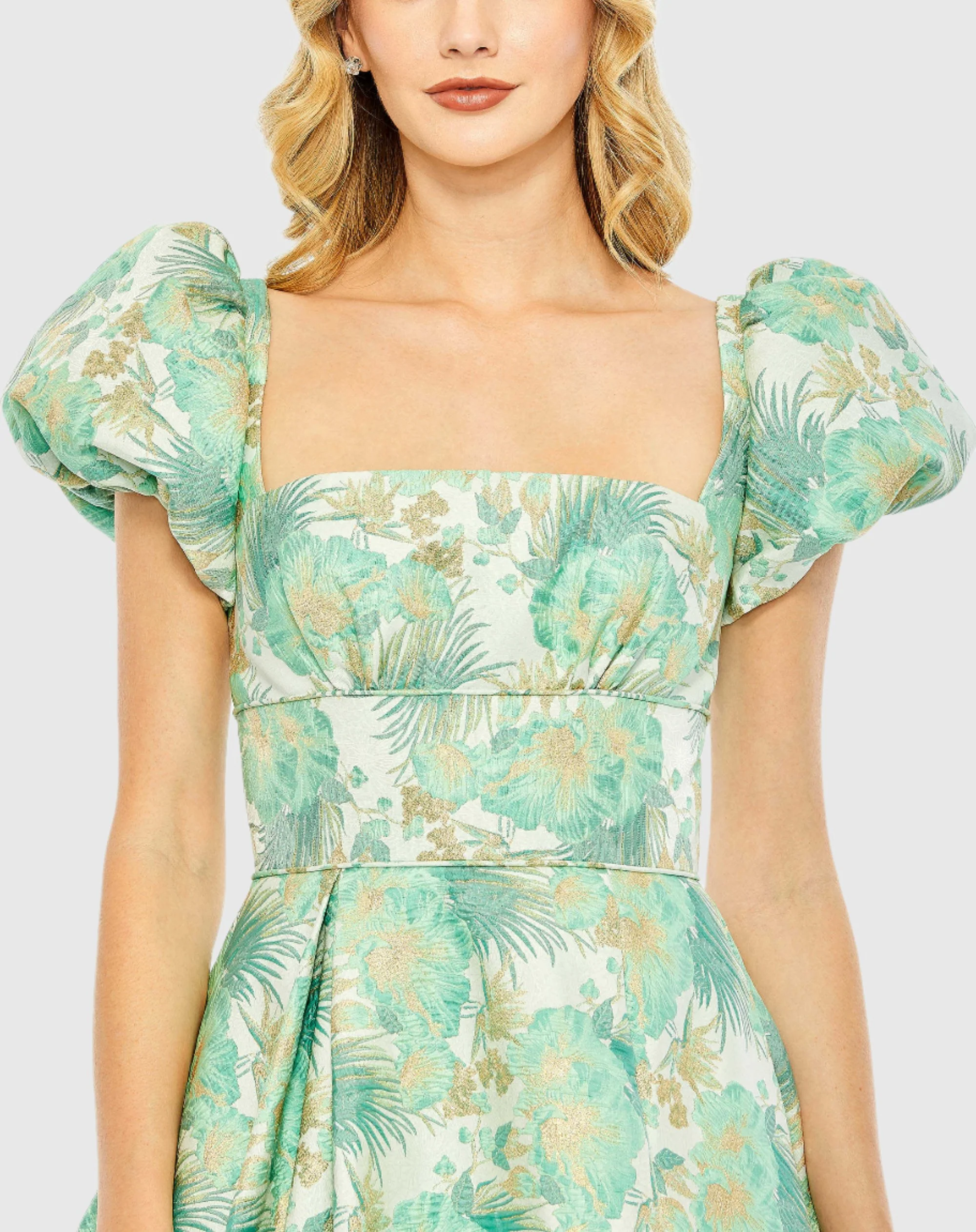 Green Floral Print Puff Sleeve High Low Brocade Gown