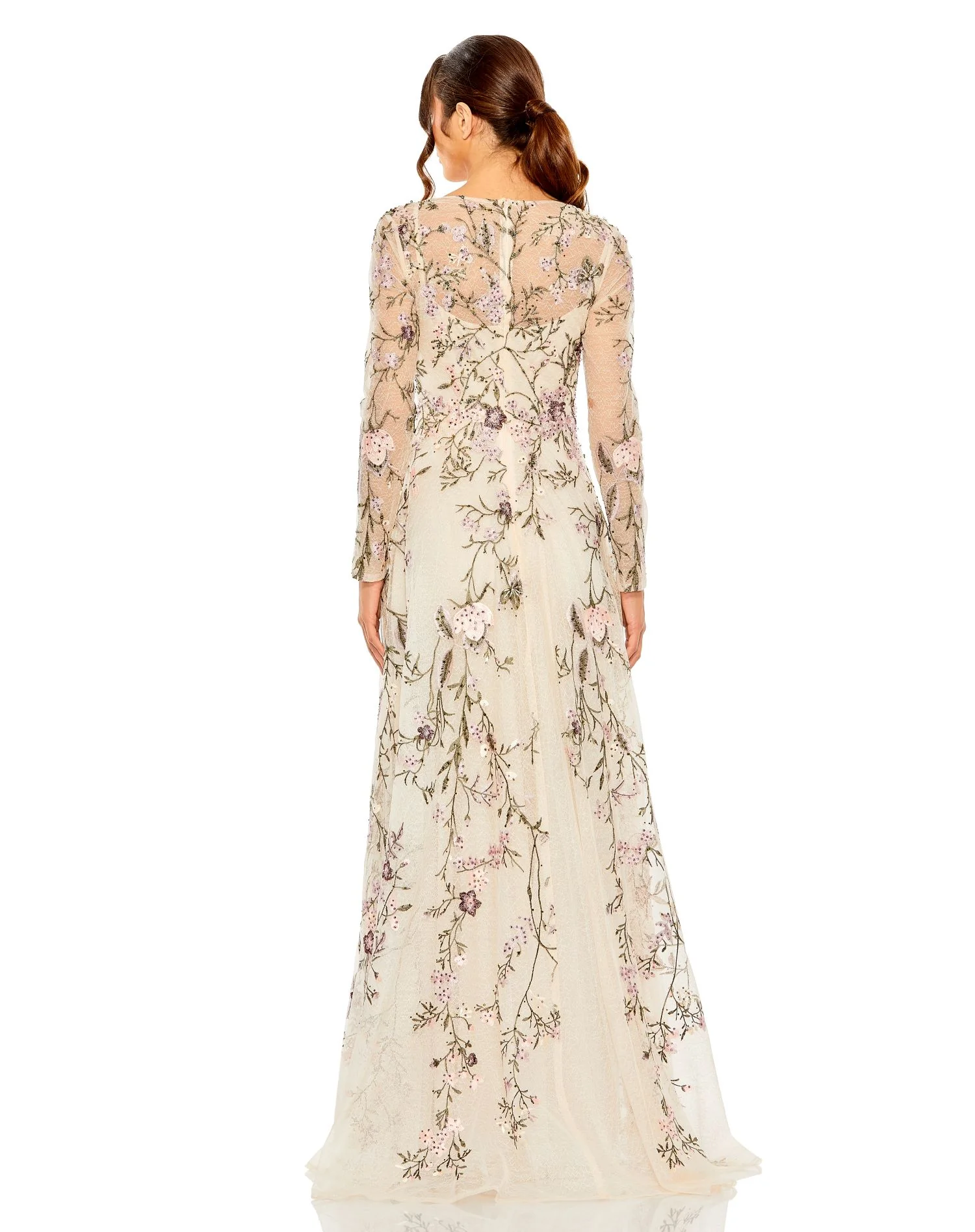 V Neck Long Sleeve Embroidered Gown