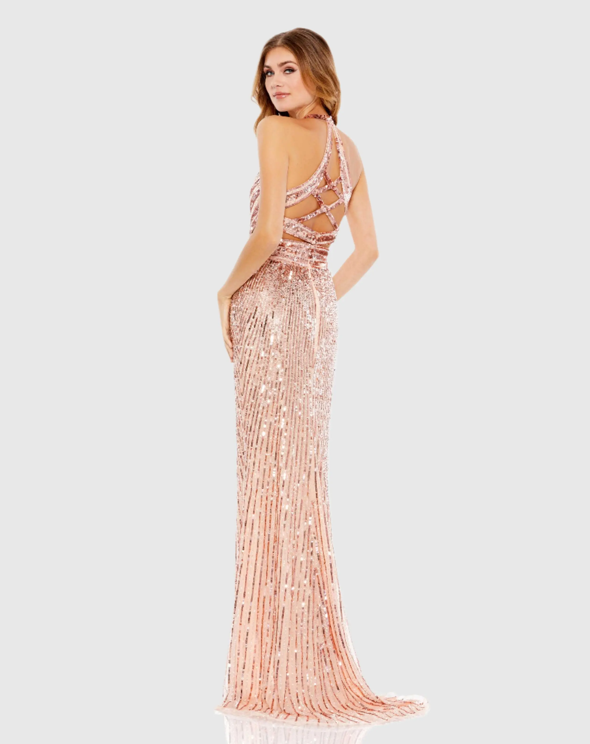 Pink Sleeveless Faux Wrap Sequin Embellished Cut Out Back