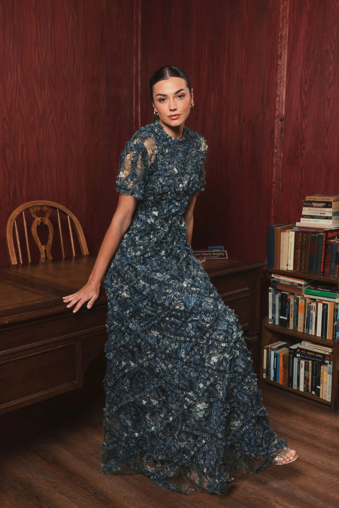 Blue Flutter Sleeve Floral Ruffle Detail Maxi Dress