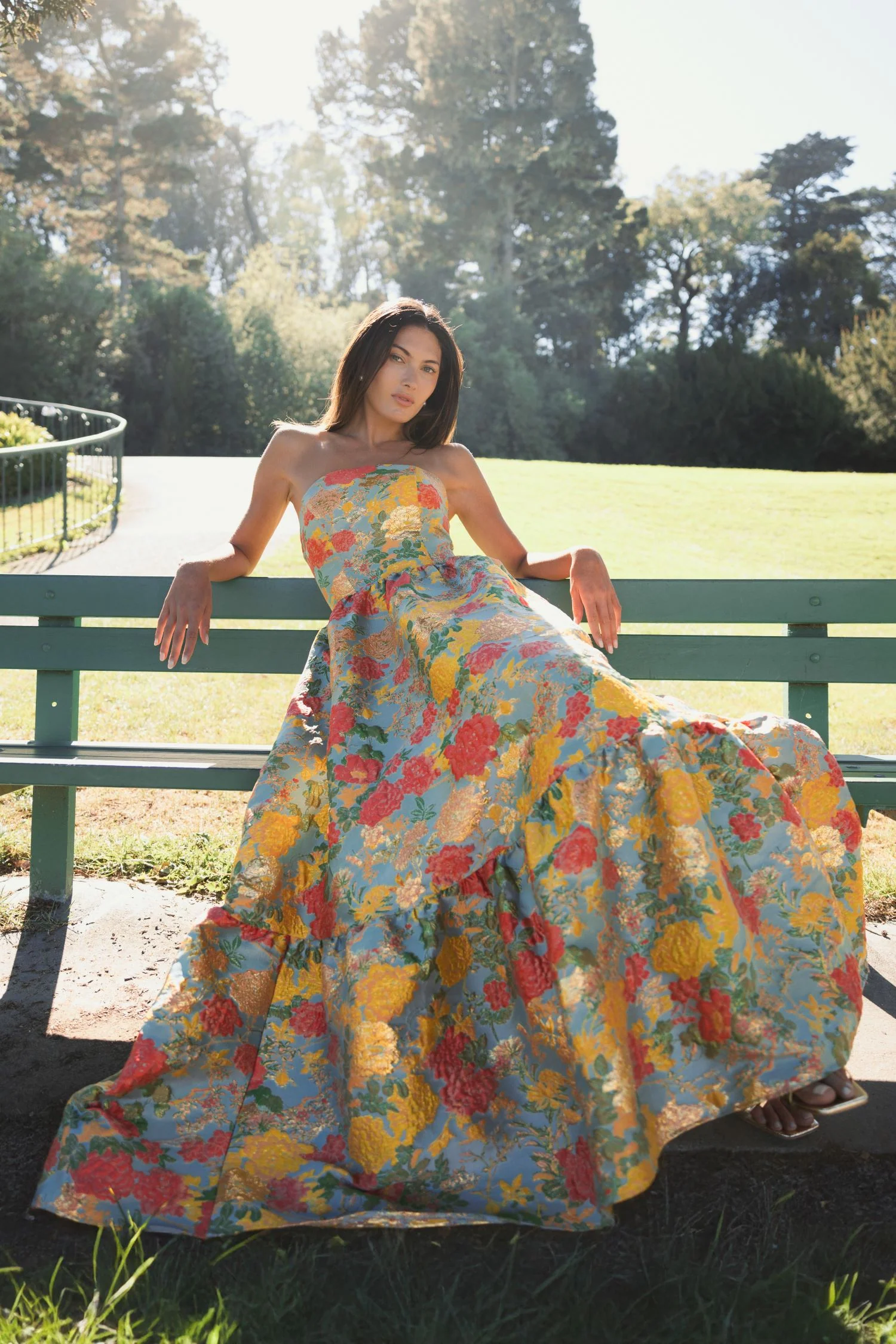 Multicolor Strapless Brocade Floral Gown With Ruffle Hem