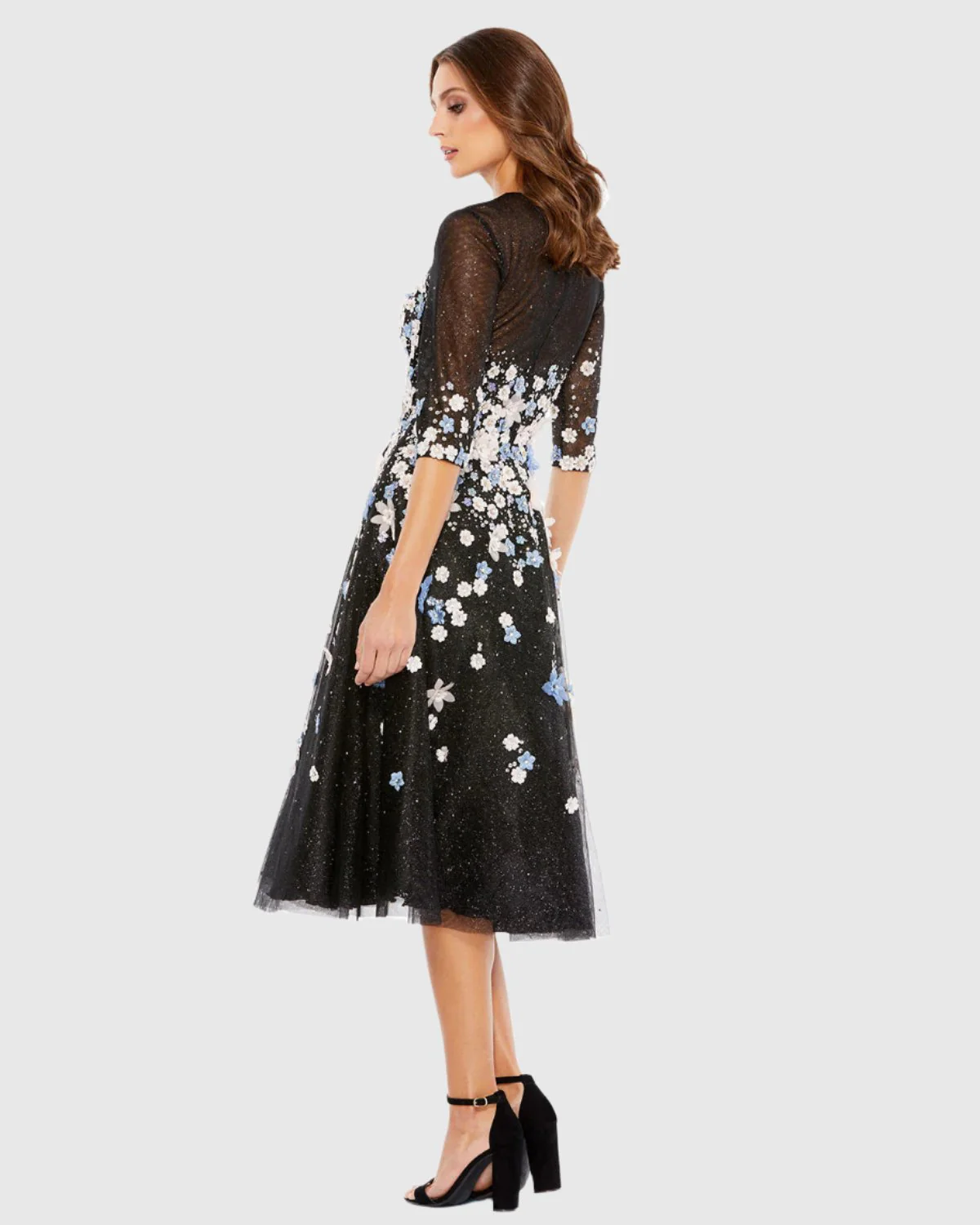 Floral Embroidered A-Line Tea-Length Cocktail Dress