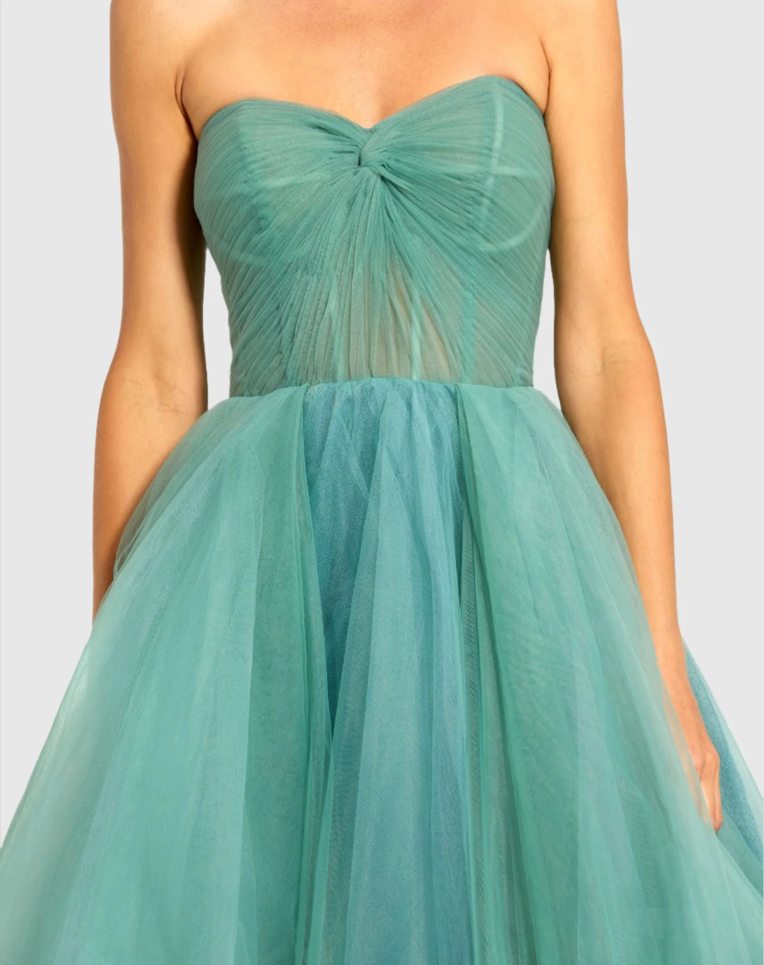 Green Strapless Bustier Twist Top Ruffle Ballgown