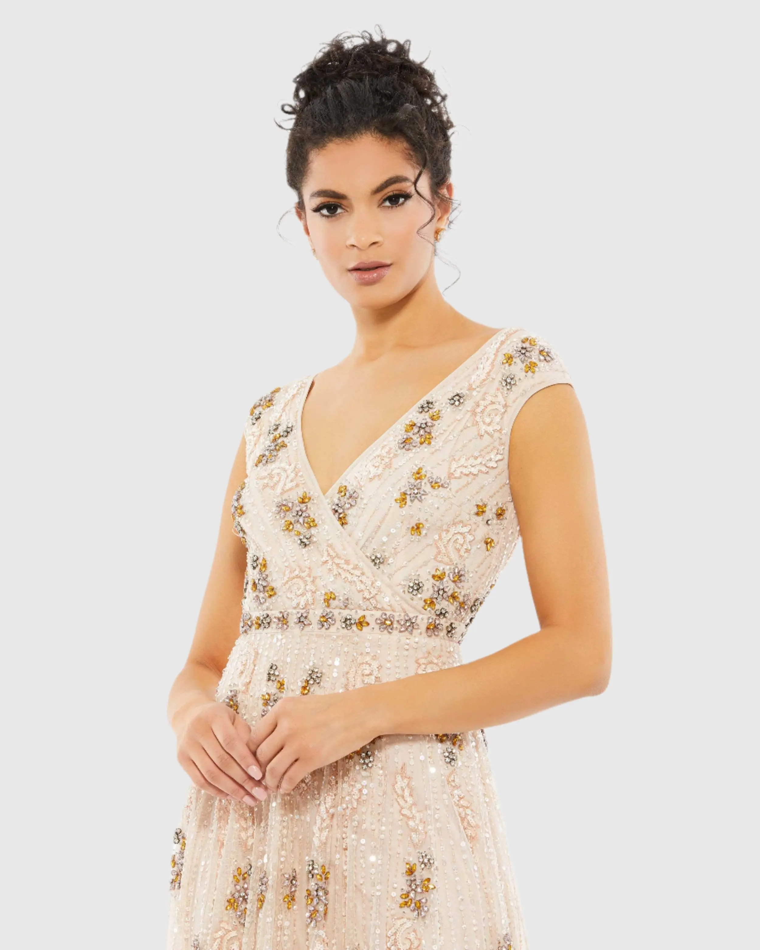 Embellished Wrap Over Cap Sleeve A-Line Gown