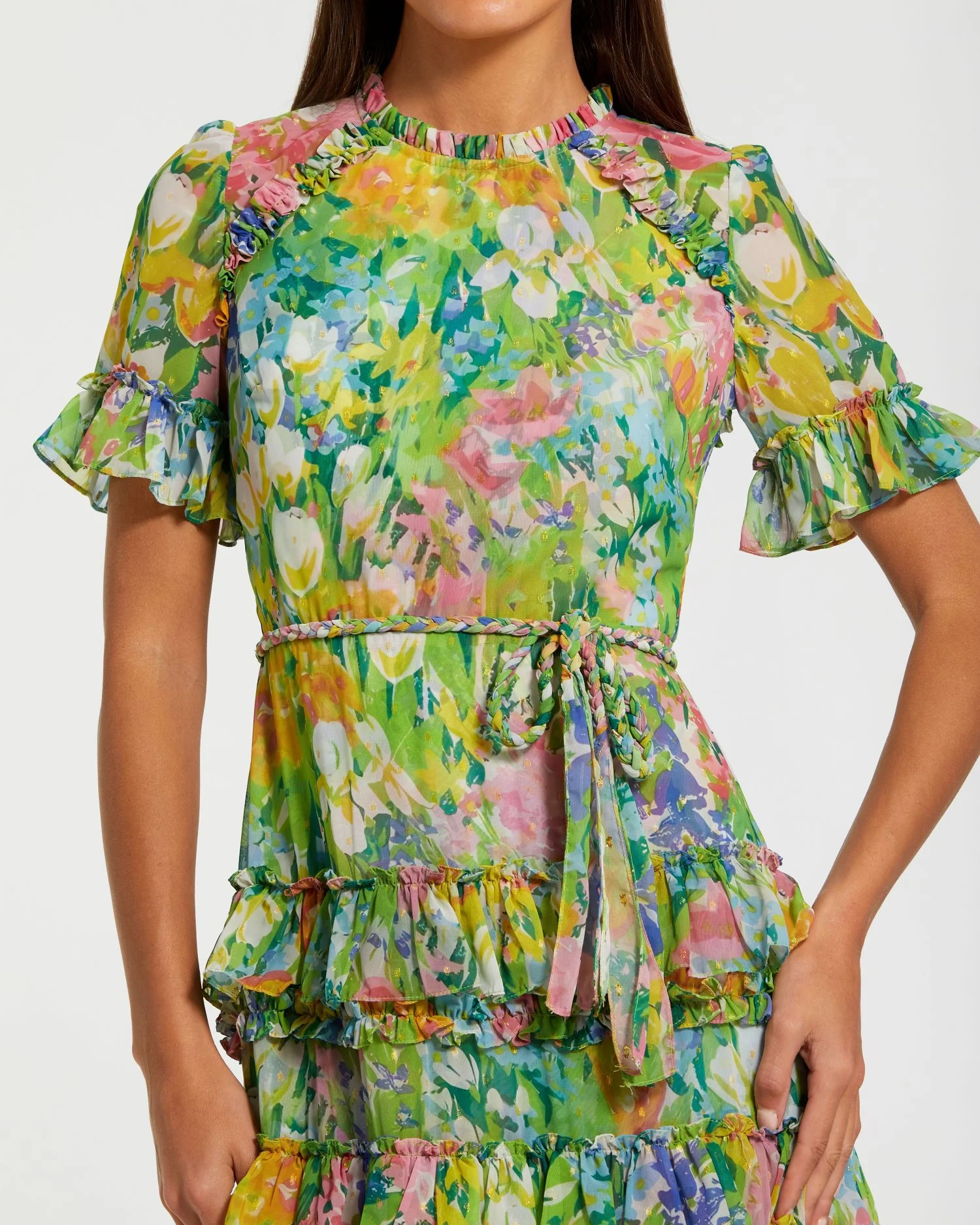 Green Floral Printed Chiffon Tiered Ruffle Dress