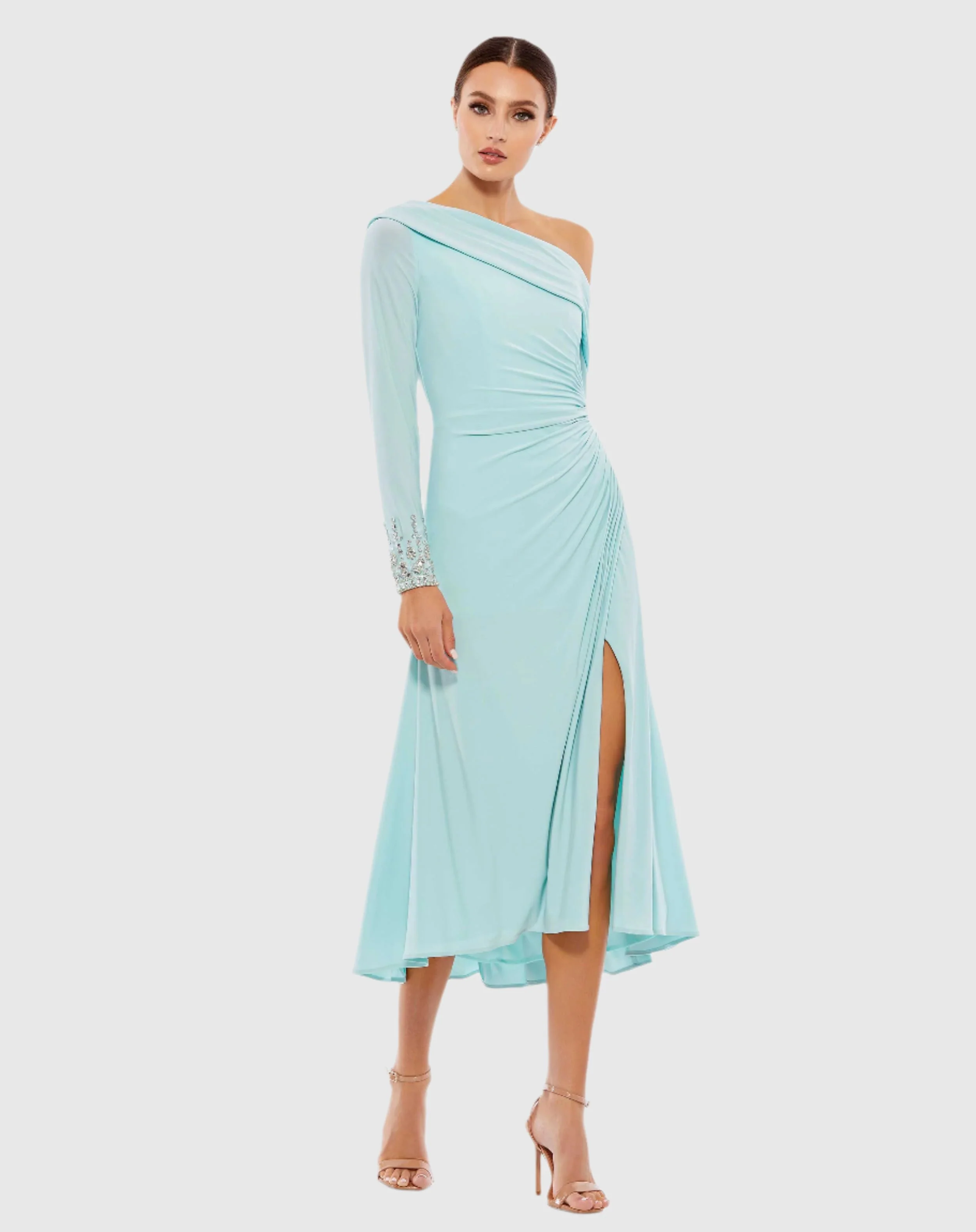 Blue Foldover Long Sleeve Jeweled Midi Dress