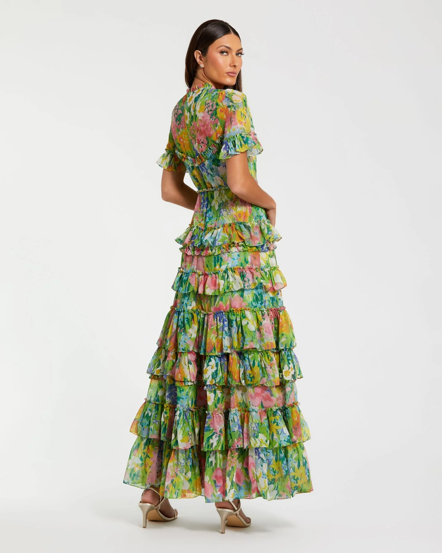 Green Floral Printed Chiffon Tiered Ruffle Dress
