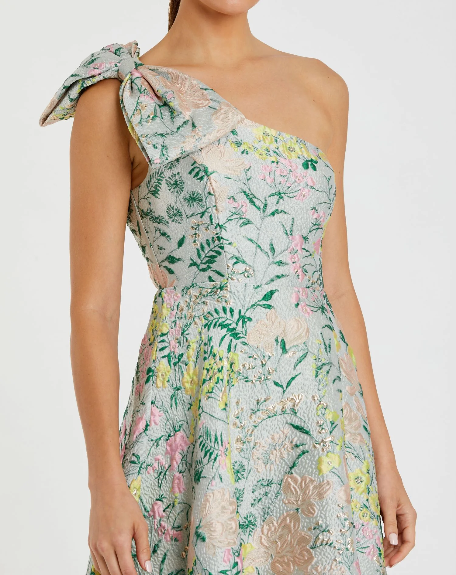 Multicolor Floral One Shoulder Brocade Gown With Bow Detail