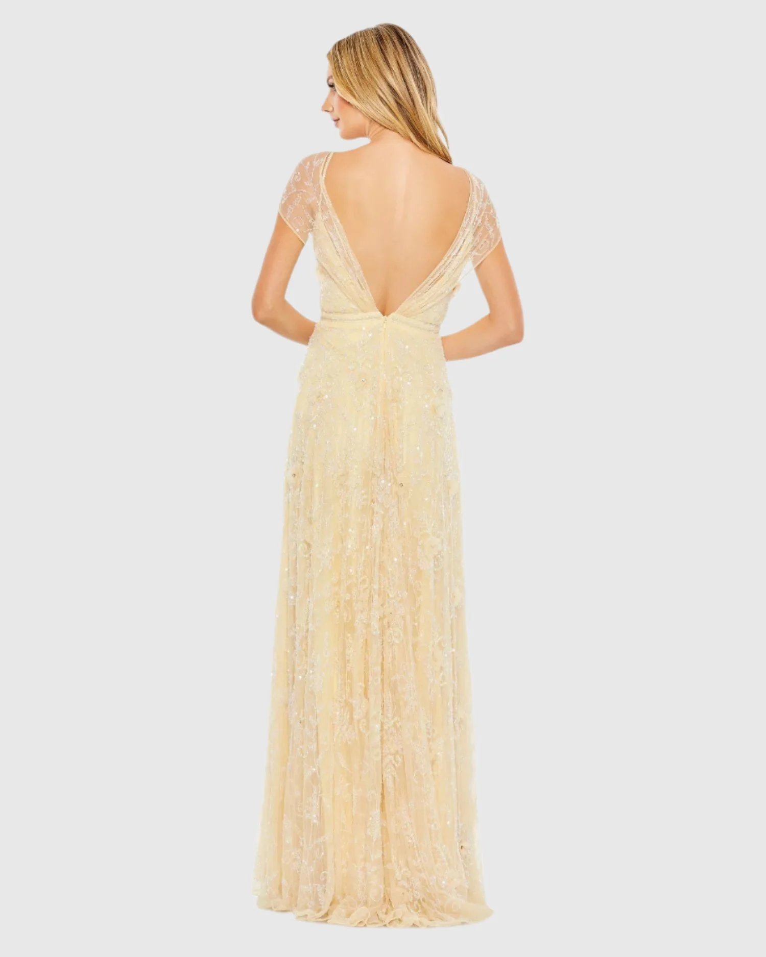 Yellow Embellished Illusion Cap Sleeve Gown